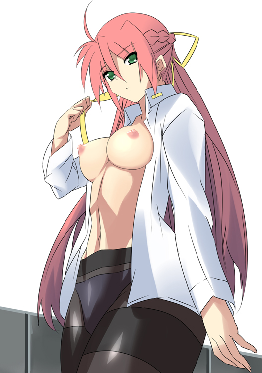 breasts date_(artist) green_eyes long_hair lyrical_nanoha mahou_shoujo_lyrical_nanoha mahou_shoujo_lyrical_nanoha_a's mahou_shoujo_lyrical_nanoha_strikers nipples no_bra open_clothes open_shirt panties panties_under_pantyhose pantyhose pink_hair shirt signum underwear