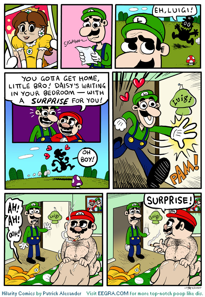 ! 2boys1girl 7_panel_comic brothers cheating cheating_girlfriend color comic eegra english_dialogue facial_hair female green_hat green_shirt hair hat human humor indoors luigi male mario mario_(series) moustache nintendo nude paheal princess_daisy red_hat red_shirt sex smoking smoking_cigarette straight straight_hair super_mario_bros. talking_to_another yellow_dress