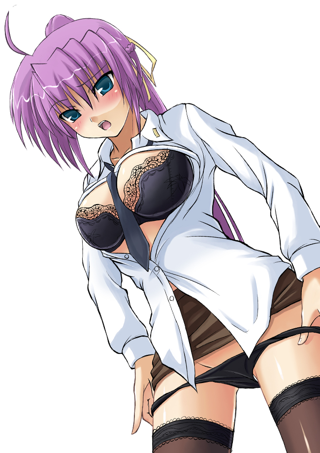 ahoge between_breasts black_bra black_legwear black_panties blue_eyes blush bra breasts dress_shirt female lace lace-trimmed_bra lace-trimmed_thighhighs large_breasts legs lingerie long_hair lyrical_nanoha mahou_shoujo_lyrical_nanoha mahou_shoujo_lyrical_nanoha_a's mahou_shoujo_lyrical_nanoha_strikers miniskirt nakayama_yukiji necktie necktie_between_breasts open_clothes open_shirt panties panty_pull ponytail purple_hair shirt signum simple_background skirt skirt_lift solo stockings thighhighs thighs tied_hair underwear undressing