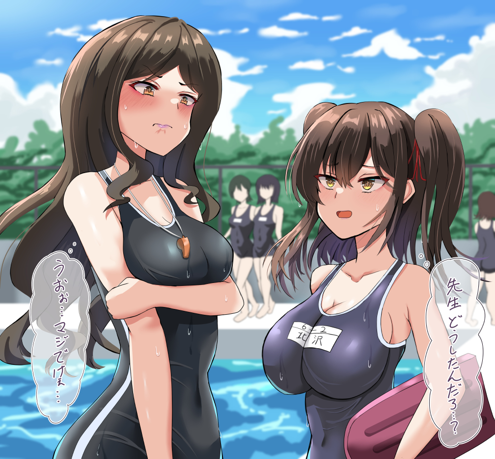 2girls adult_female age_difference big_breasts black_swimsuit blush breast_envy breast_size_difference edorado eldorado_gh large_breasts long_hair medium_breasts multiple_girls smiling student surprised sweat swimming_pool swimsuit swimwear teacher teacher_and_student teenage_girl