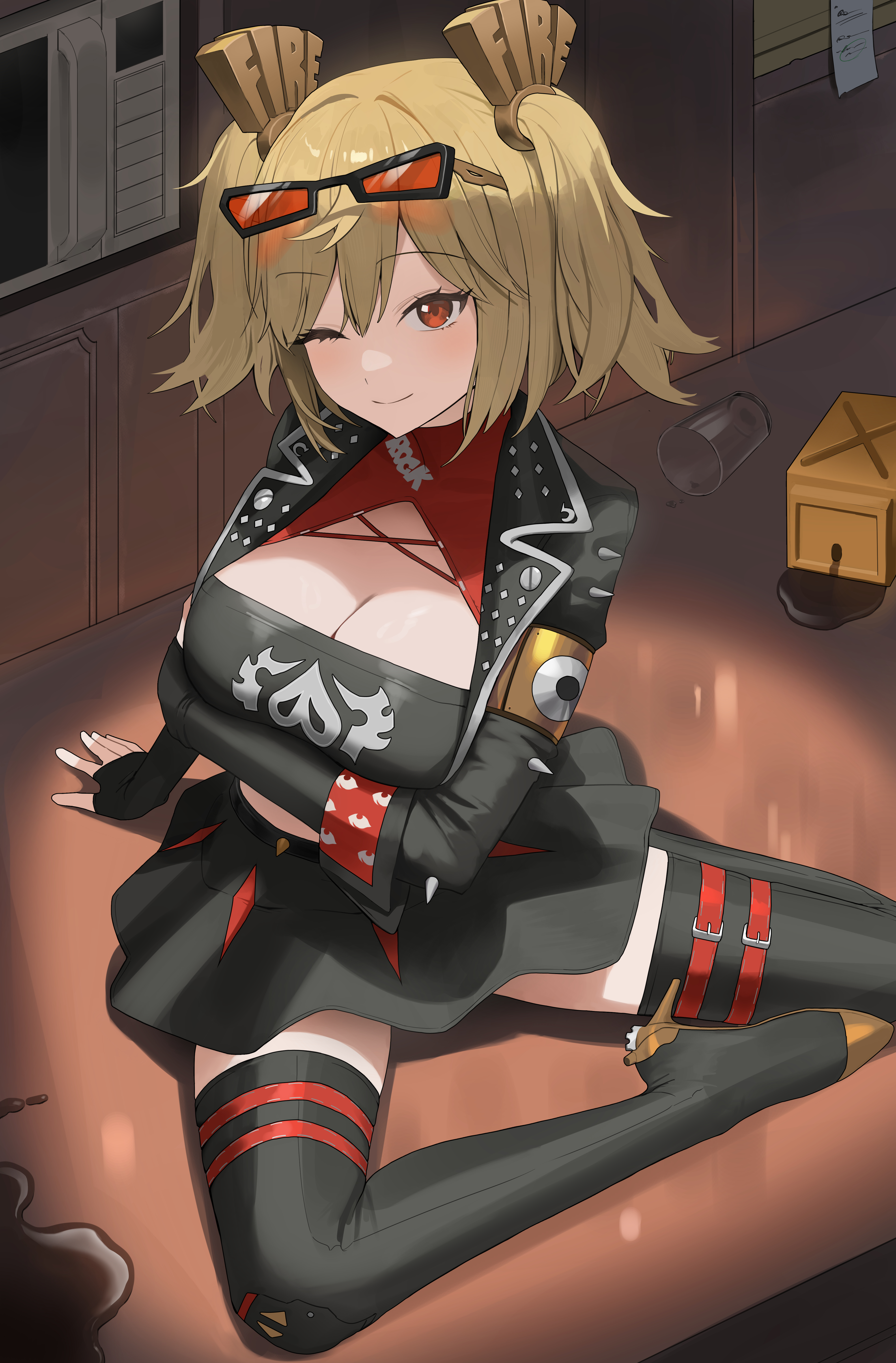1girls, absurdres, arm support, arm under breasts, aviator sunglasses, black gloves, black jacket, black skirt, black tube top, black-framed eyewear, blonde hair, boots, breasts, burnice white, cleavage, closed mouth, commentary request, crop top, cropped jacket, cup, desk, drinking glass, elbow gloves, eyewear on head, female, fingerless gloves, gloves, high heel boots, high heels, highres, hurappo, indoors, jacket, large breasts, long hair, looking at viewer, microwave, miniskirt, on desk, one eye closed, open clothes, open jacket, red eyes, red-tinted eyewear, sitting, skirt, smile, solo, spiked jacket, spill, strapless, sunglasses, thigh boots, thighs, tinted eyewear, tube top, twintails, zenless zone zero