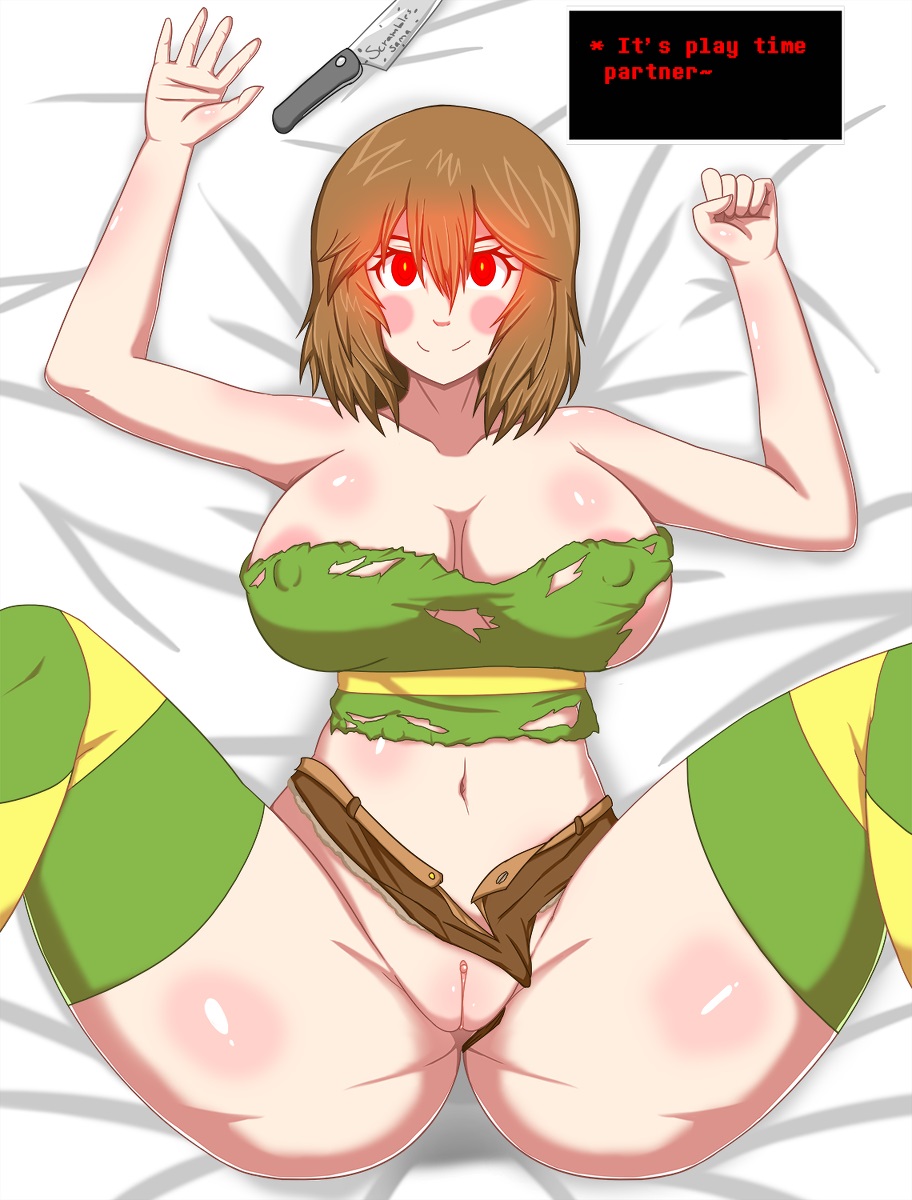 bed, blush, blush stickers, breasts, brown hair, chara, dialogue, edit, fae-sama, female, female chara, human, indoors, kissing, looking at viewer, lying, male, missionary, nipples, penetration, penis, pov, pussy, pussy juice, red eyes, sex, shorts, smile, solo, spread legs, striped stockings, stripes, text, text box, undertale, undertale (series), voluptuous