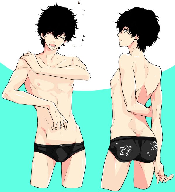 1boy, atlus, black hair, bulge, closed eyes, grey eyes, hiokirasu, joker (persona), male, male only, megami tensei, open mouth, persona, persona 5, ren amamiya, shin megami tensei, solo, solo focus, swimsuit, tagme