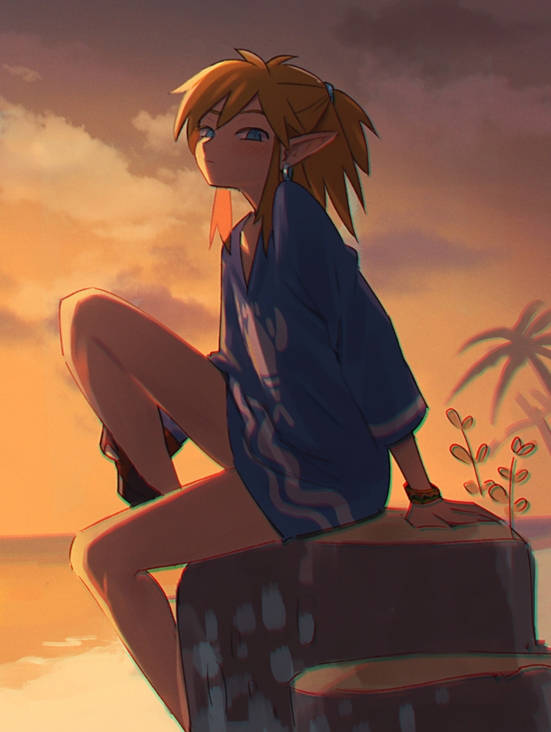 1boy blonde_hair blue_eyes elf_ears hylian hylian_ears kokekokeimo link link_(tears_of_the_kingdom) long_hair looking_at_viewer male male_focus male_only palm_tree pointy_ears sunset tagme tears_of_the_kingdom the_legend_of_zelda