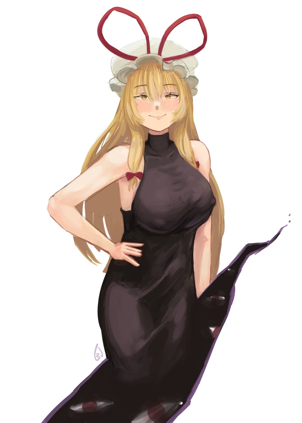 1girls big_breasts black_dress blonde_hair breasts clothed_female gap_(touhou) hand_on_waist hat light-skinned_female long_hair mature_female nipple_bulge ozornayashoujo smile solo solo_female touhou white_background yellow_eyes yukari_yakumo