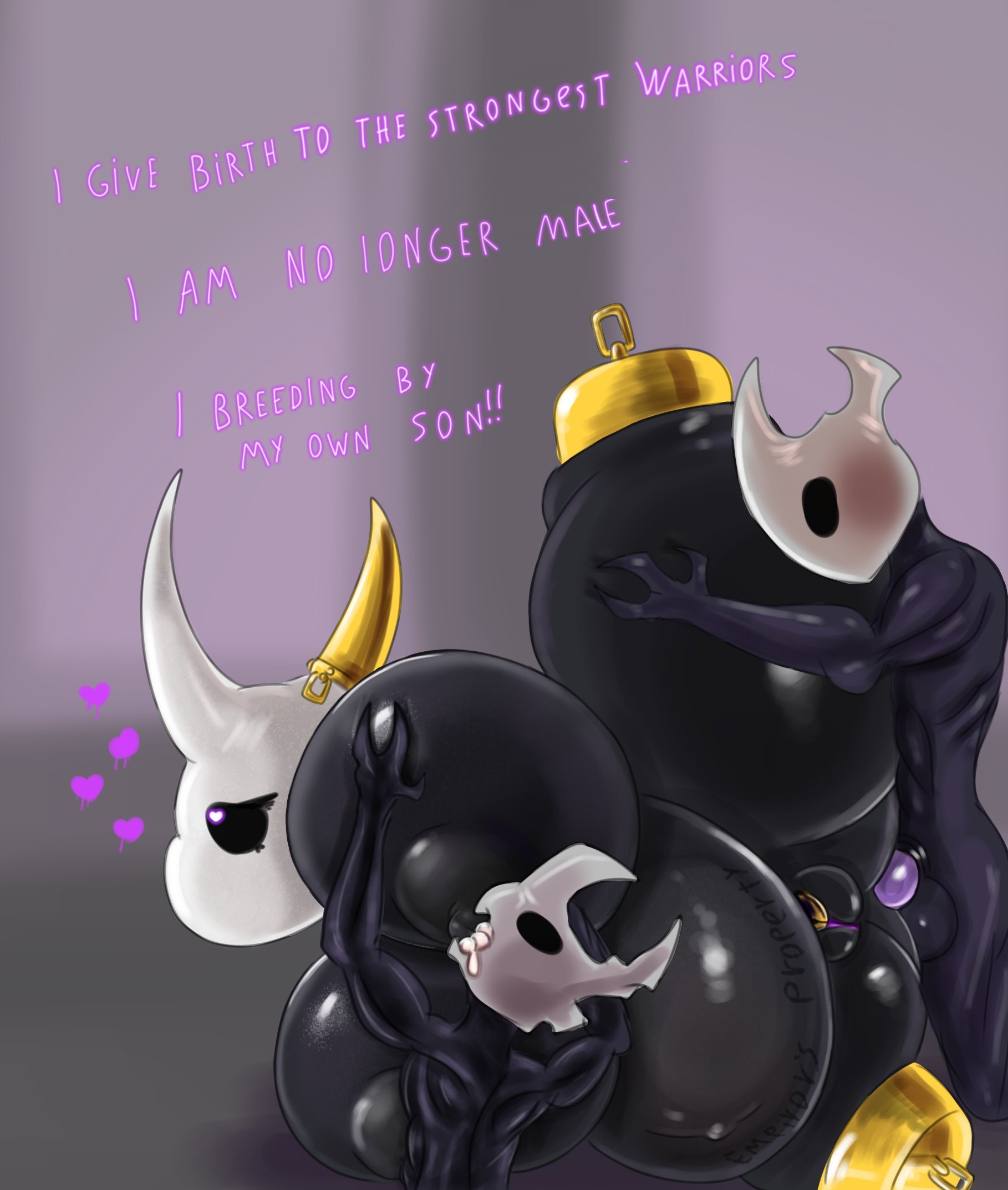 3boys, ass, big breasts, breasts, busty male, chastity cage, hollow knight, khadhunter7, male, male focus, male impregnation, male only, male with breasts, oc, original, original character, penis, penis in ass, text