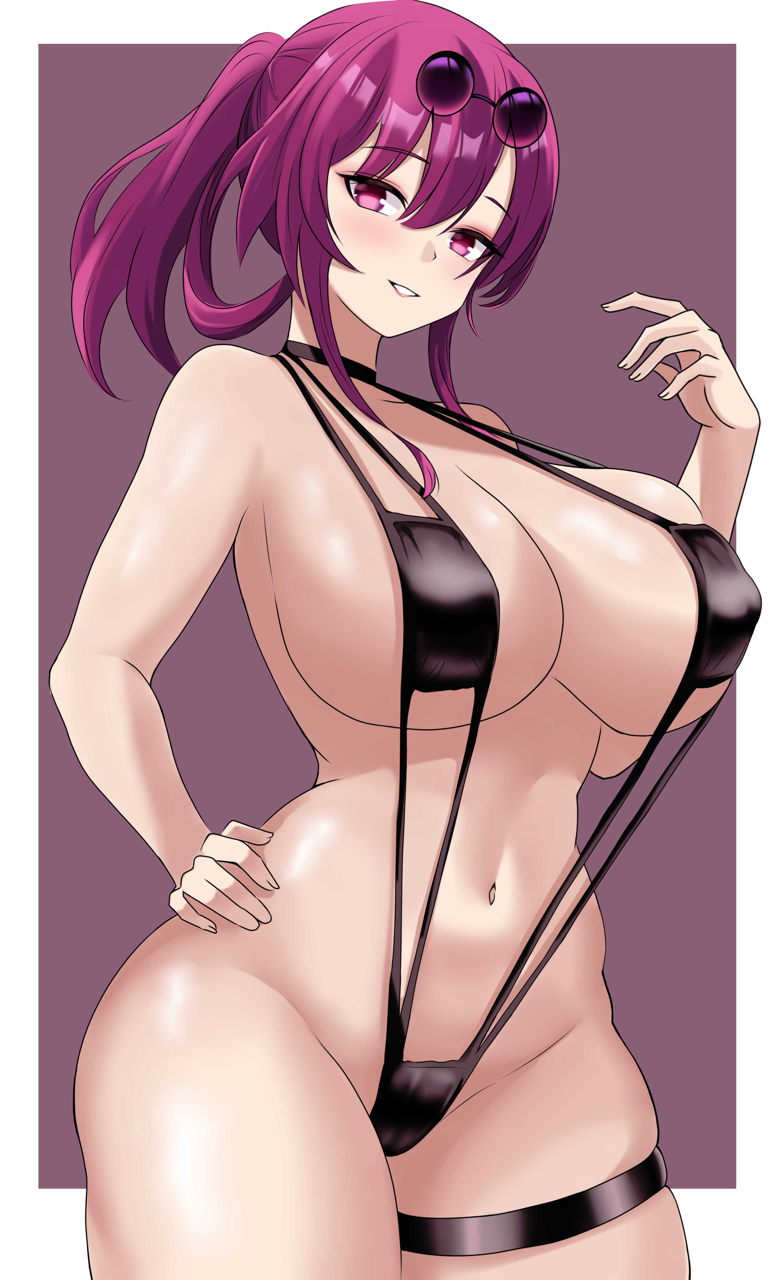1girls, big breasts, black sling bikini, blush, breasts, cleavage, female, female only, glasses on head, hair, headwear, hips, honkai (series), honkai: star rail, hoyoverse, huge breasts, kafka (honkai: star rail), legwear, light skin, light-skinned female, mihoyo, ponytail, purple eyes, purple hair, skimpy, skimpy bikini, sling bikini, solo, space roo, swimwear, thick thighs, thigh strap, thighs, wide hips