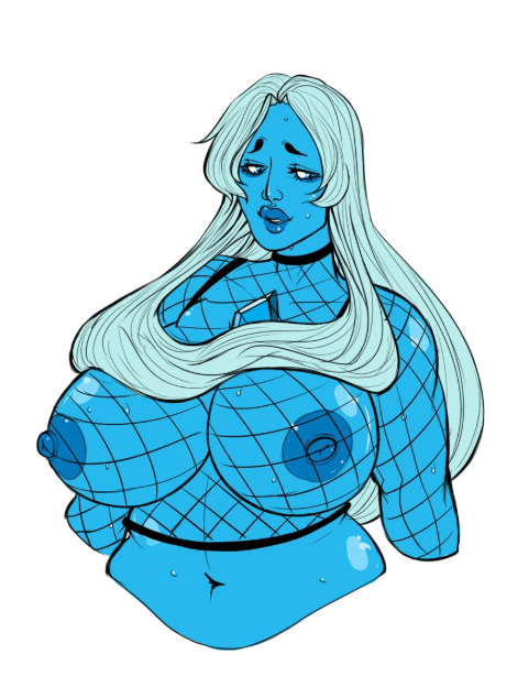 1girls big_breasts big_lips blue_diamond_(steven_universe) blue_eyes blue_hair blue_skin bust cartoon_network chubby diamond_authority exposed_breasts female female_only fishnet_shirt fishnets gem gem_(species) huge_breasts kikis_tavern long_hair nude nude_female solo solo_female steven_universe sweat white_background