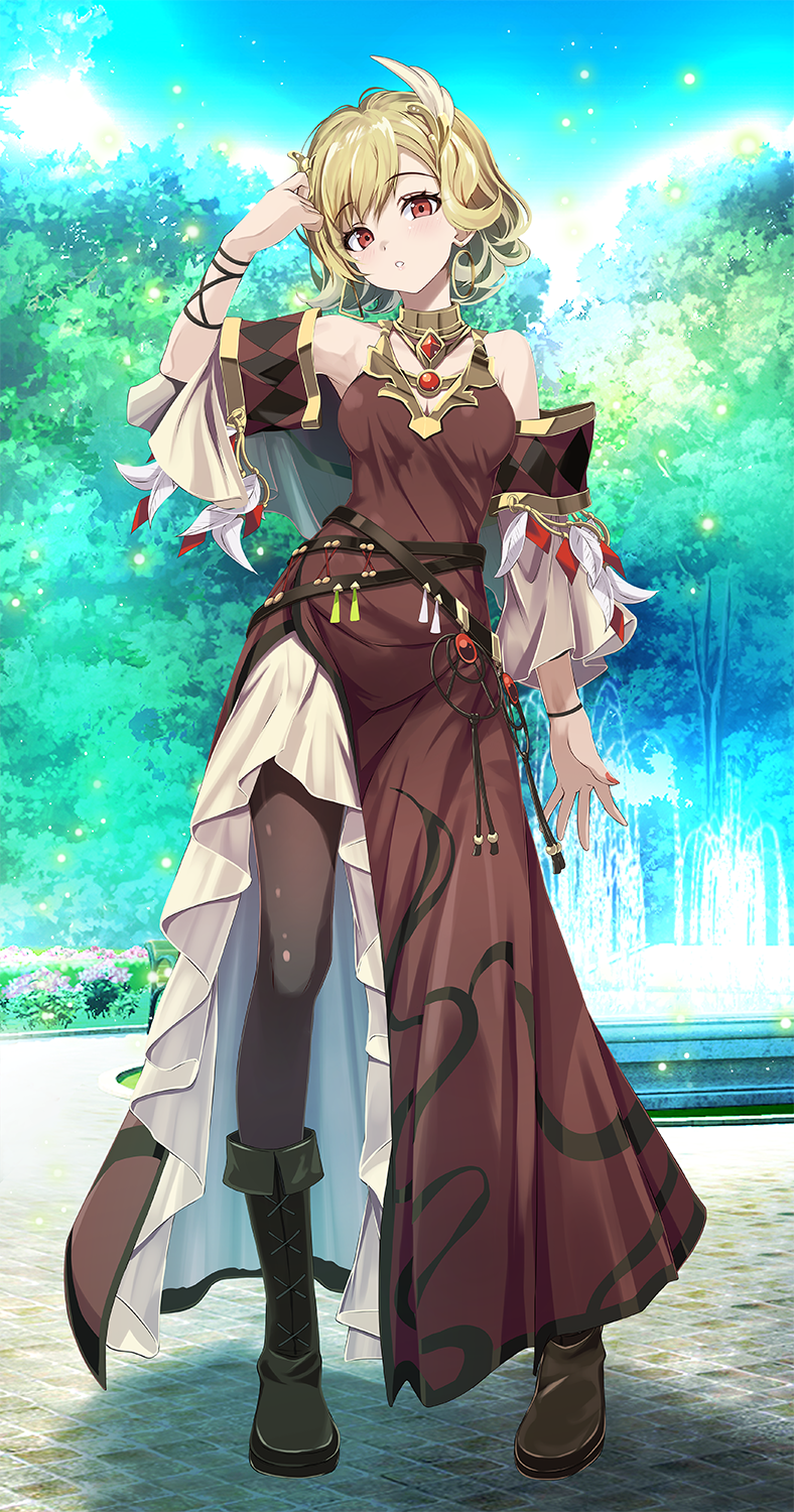 1girls armlet bare_shoulders black_pantyhose blonde_hair boots breasts brown_dress brown_footwear citrinne_(fire_emblem) cleavage dress earrings feather_hair_ornament feathers female female_only fire_emblem fire_emblem_engage fountain gold_choker gold_trim hair_ornament highres hoop_earrings jewelry looking_at_viewer medium_breasts mismatched_earrings nintendo pantyhose park red_eyes royalty safe_for_work short_hair solo teenage_girl teenager tsukishiro_saika white_dress wing_hair_ornament