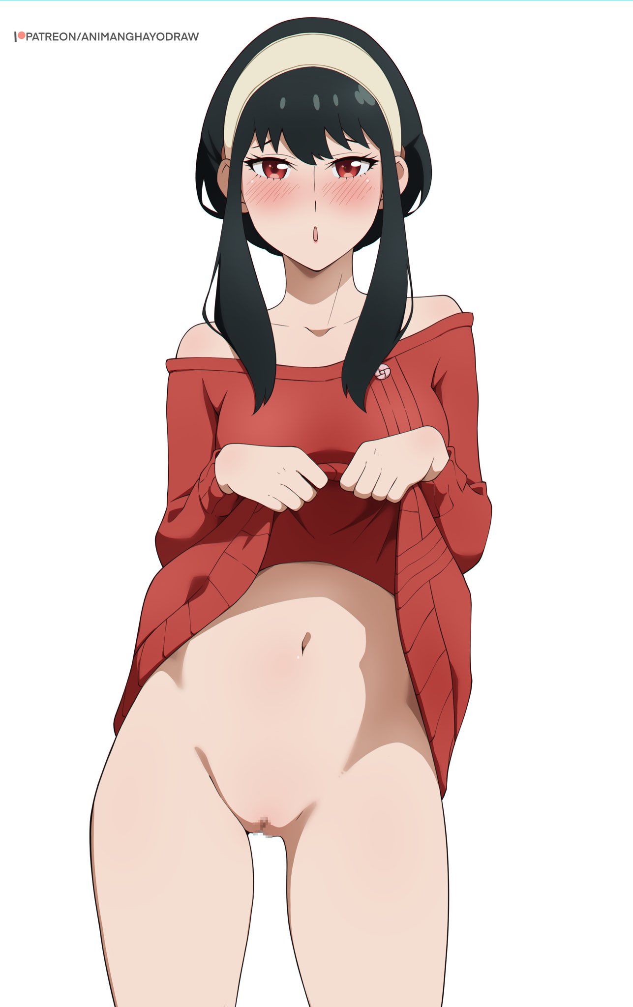 1girls absurd_res absurdres adult animanghayodraw bare_belly bare_legs bare_midriff bare_pussy bare_shoulders bare_skin bare_thighs belly belly_button black_hair black_hair_female blush blush_lines bottomless breasts cleft_of_venus collarbone dot_nose female female_focus female_only fingers groin hairband high_resolution highres legs light-skinned_female light_skin lips long_hair looking_at_viewer milf navel no_panties open_mouth pussy red_eyes red_eyes_female shoulders simple_background slender_body slender_waist slim_girl slim_waist solo spy_x_family standing thick_thighs thighs thin_waist upper_body v-line white_background white_hairband yor_briar yor_forger