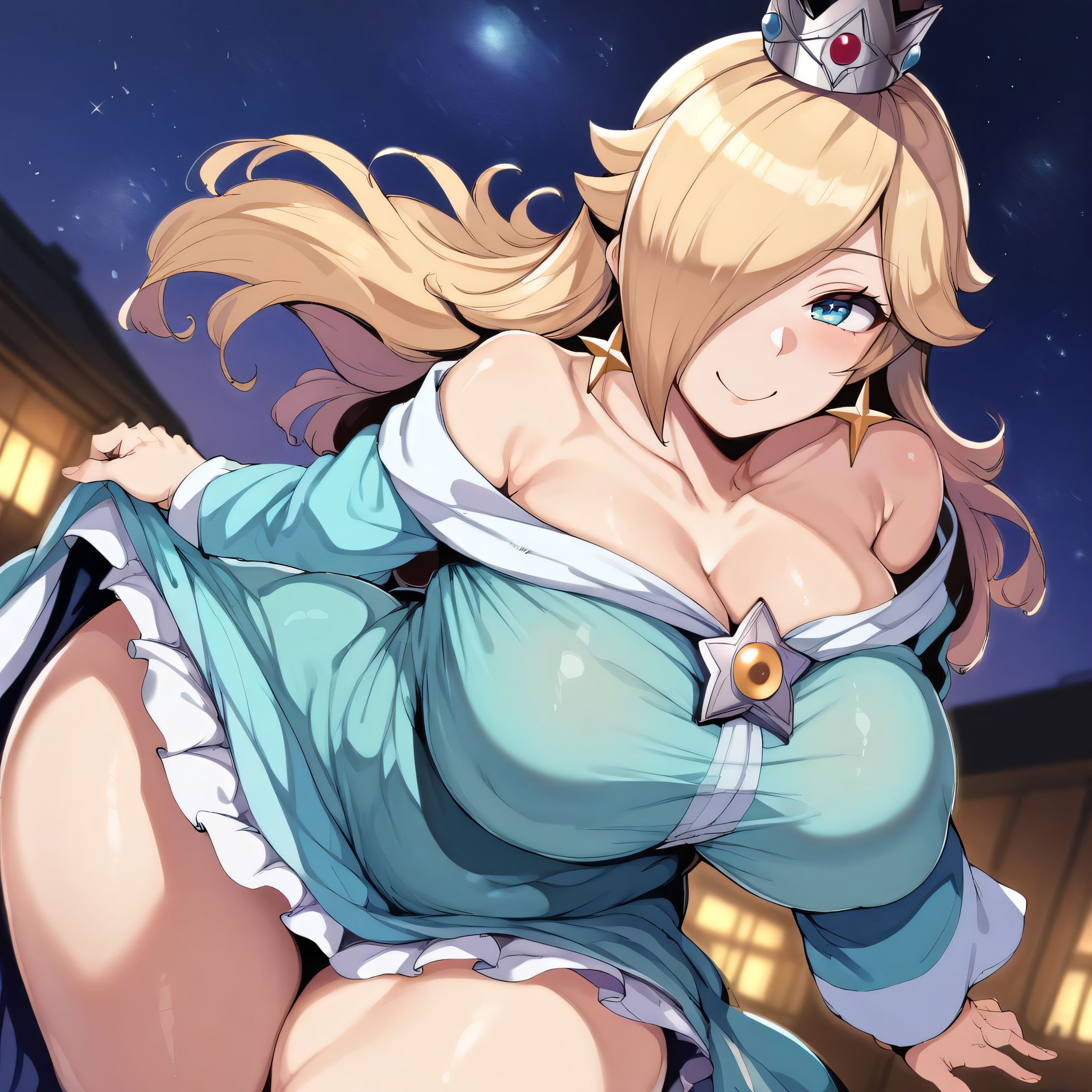 1girls, ai generated, alternate breast size, big breasts, blonde hair, breasts, busty, castle12, clothing, curvaceous, curvy, curvy body, curvy female, curvy figure, female, female only, huge breasts, large breasts, mario (series), night, nipples, outdoors, princess rosalina, sky, solo, super mario galaxy, sweat, sweating, sweaty, sweaty body, sweaty breasts, thick thighs, thighs, venus body