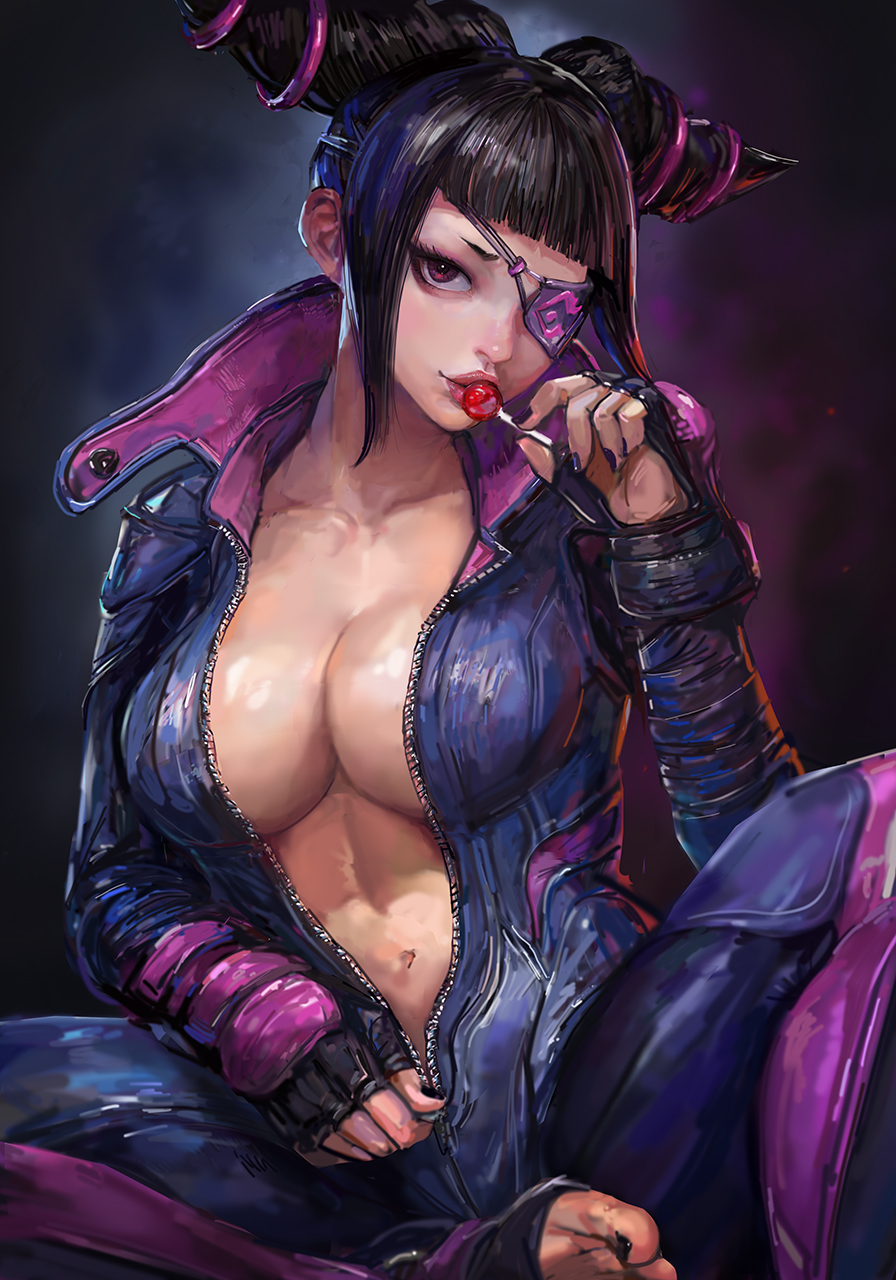 1girls asian asian_female barefoot big_breasts black_hair busty capcom cleavage eyepatch fingerless_gloves jumpsuit juri_han light-skinned_female light_skin lollipop michemashu painted_fingernails painted_nails painted_toenails purple_eyes street_fighter zipper zipper_down