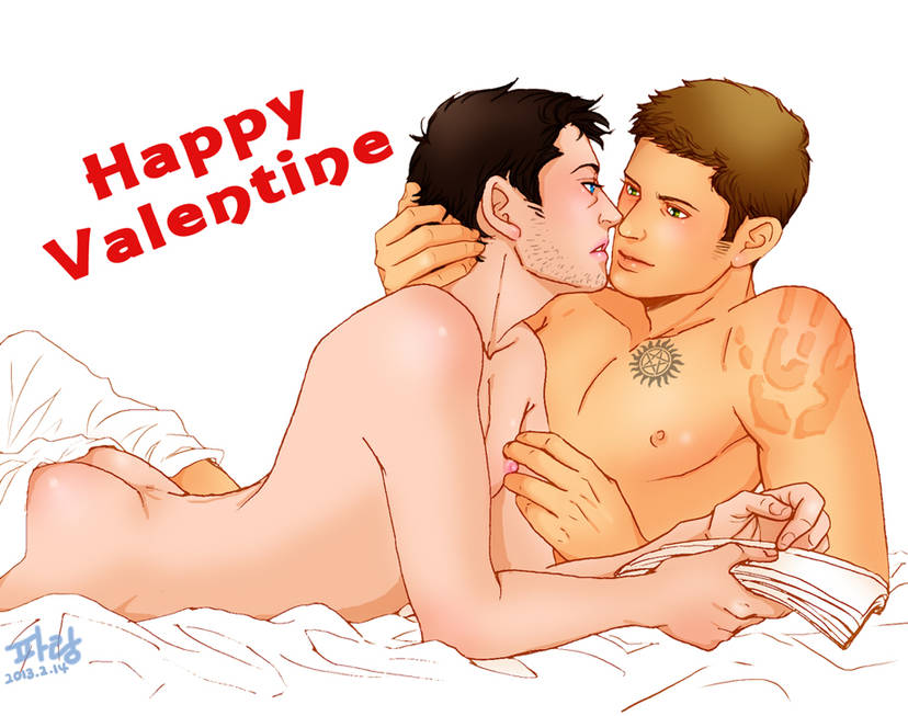 2013 2boys actor almost_kissing angel artist_signature ass bara beard_stubble black_hair blanket blue_eyes book brown_hair castiel castiel_(supernatural) celebrity chest_tattoo completely_nude cuddling curvy curvy_body dark_hair dean_winchester duo facial_hair gay glaringstar green_eyes hand_around_neck handprint human in_character jensen_ackles light-skinned_male light_skin looking_at_another looking_at_partner lying lying_down lying_on_stomach male male/male male_only misha_collins naked naked_male nipple_play nipples nude nude_male occult_symbol pentagram smile smiling stubble supernatural_(series) tattoo text valentine's_day yaoi