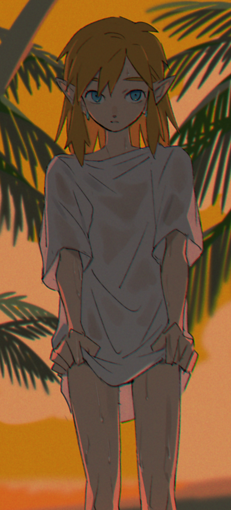 1boy blonde_hair breath_of_the_wild dripping_wet elf_ears hylian hylian_ears kokekokeimo link link_(breath_of_the_wild) long_hair male male_focus male_only palm_tree palm_trees pointy_ears sunset tagme the_legend_of_zelda wet_body wet_clothes wet_shirt white_shirt