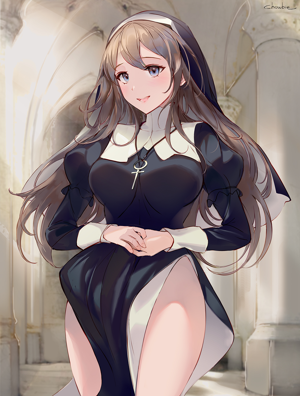 1girls black_dress blue_eyes breasts brown_hair chowbie cross_necklace dress hands_together large_breasts long_hair looking_at_viewer necklace nun nun's_habit nun_outfit original