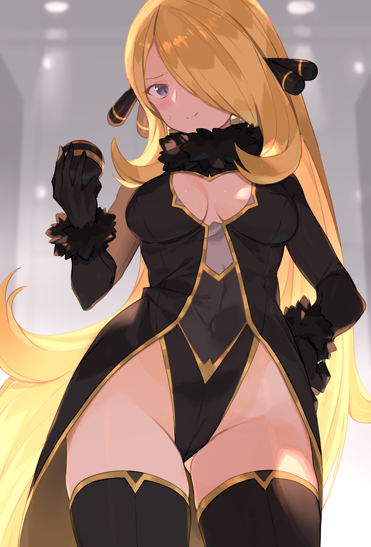 1girls black_leotard blonde_hair breasts cynthia_(pokemon) elbow_gloves fur_collar gloves grey_eyes hair_ornament hair_over_one_eye highleg highleg_leotard holding_poke_ball leotard long_hair looking_at_viewer medium_breasts milf nintendo pokeball pokemon pokemon_dppt spring2013 tailcoat thighhighs