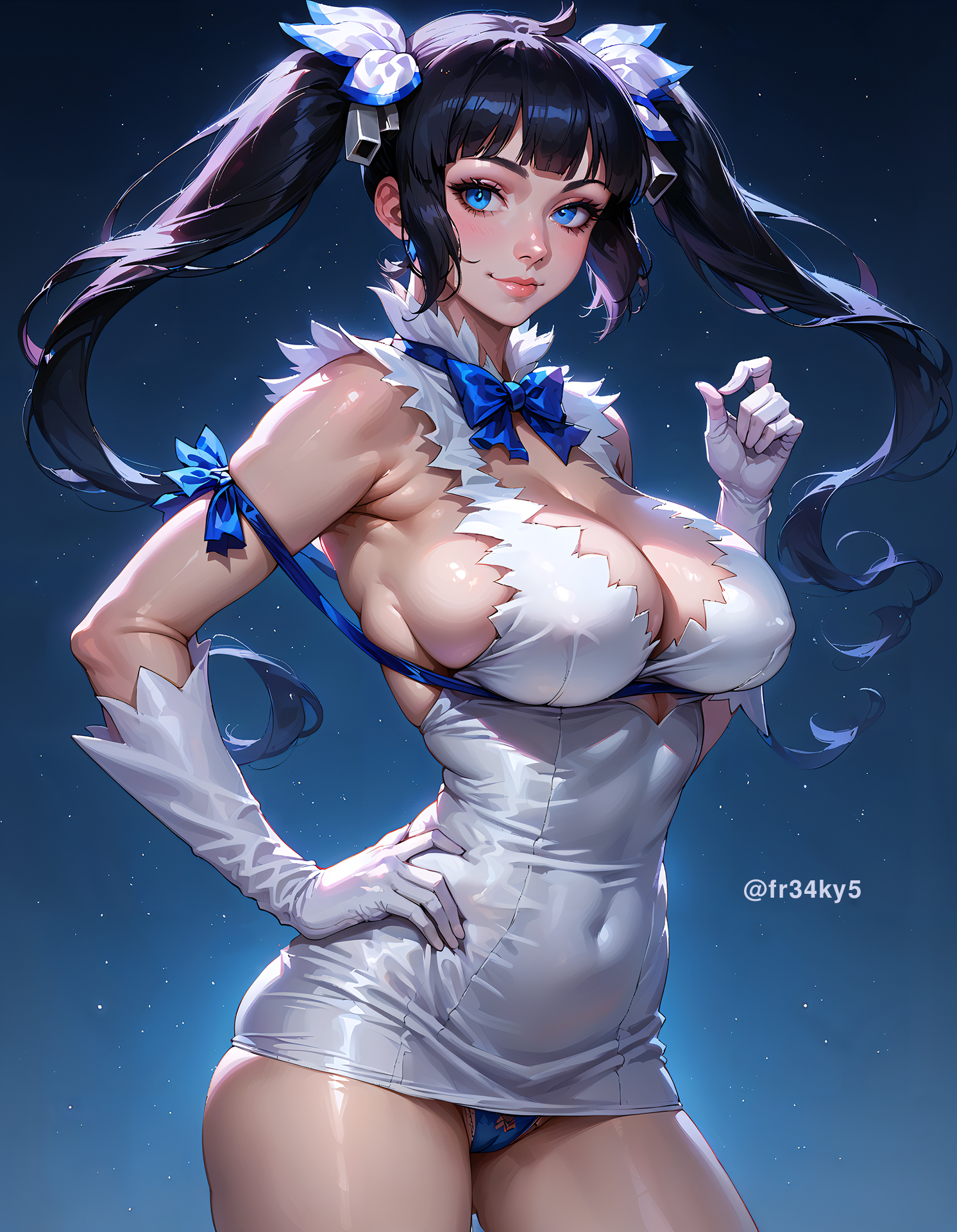 1girls, 2024, 2024s, ai generated, artist name, belly button, belly button visible through clothing, big breasts, blue background, blue bowtie, blue eyes, blue panties, bowtie, breasts, cleavage, dress, dungeon ni deai wo motomeru no wa machigatteiru darou ka, female, female focus, female only, fr34ky, from below, hand on hip, hestia (danmachi), huge breasts, navel, navel visible through clothes, no, panties, simple background, solo, thick thighs, thighs, white dress, wide hips