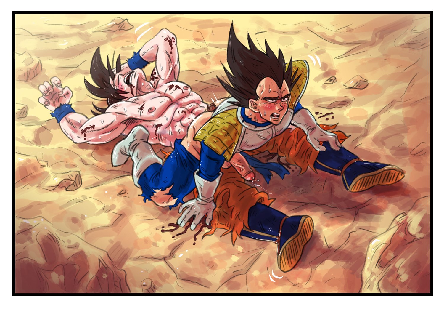 2boys, anal penetration, anal sex, bara, blood, boner, cum, dragon ball, dragon ball z, erection, fight, gay, kakavege, male, male only, muscles, muscular, ripped, ripped clothes, ripped clothing, sex, son goku, tagme, vegeta, yaoi
