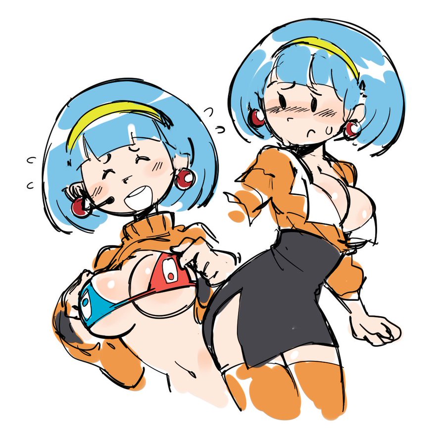 1girls, amelia n., big breasts, blue hair, bra, breasts, cleavage, clothing, color, colored, earrings, female, female only, glassrunner, mob face, nervous, nintendo, nintendo switch, short hair, simple background, sketch, smile, solo, tagme