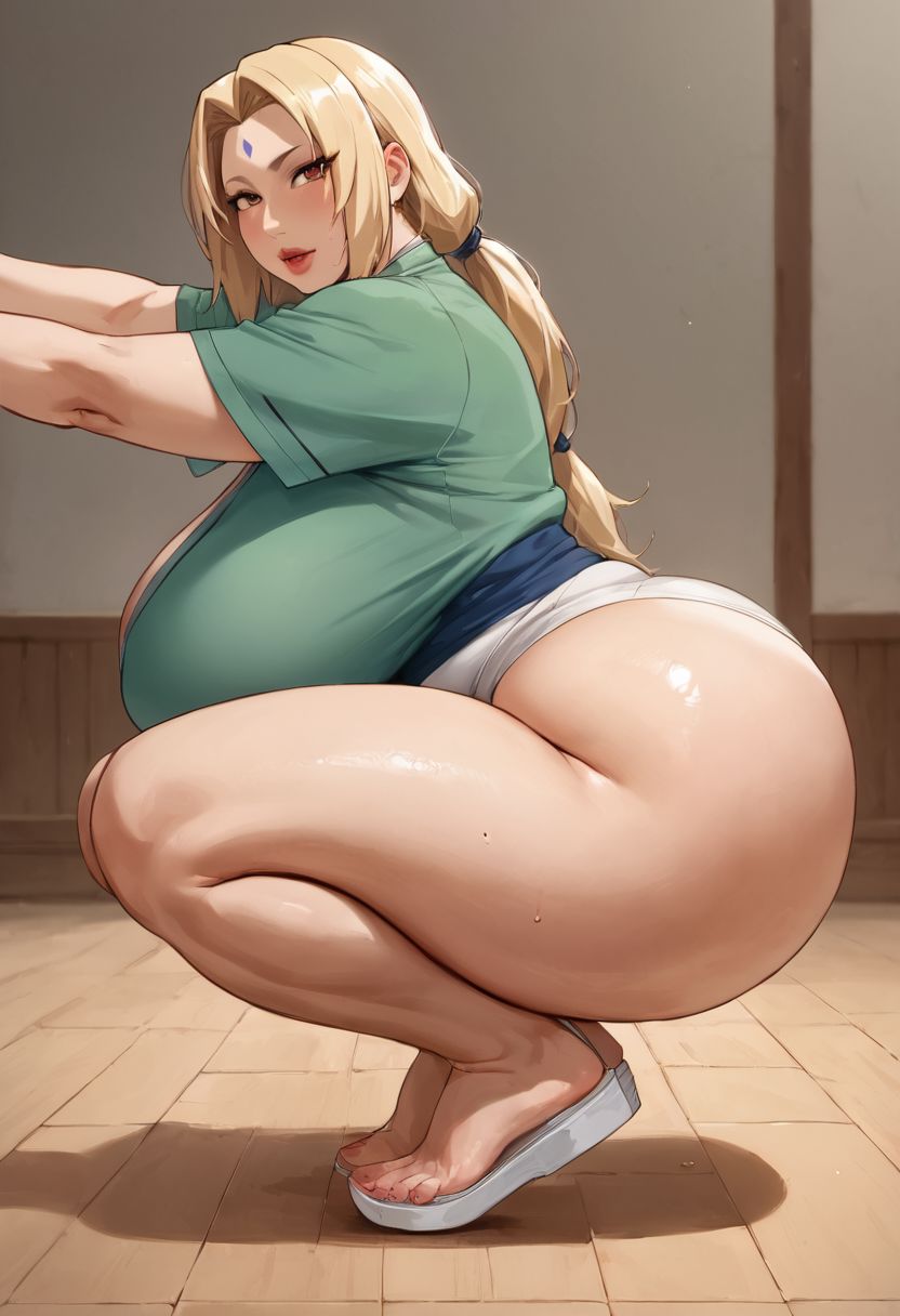 ai generated, ass, bbw, bbw mom, breasts, busty, fat ass, female, huge breasts, mature female, milf, mommy, naruto, naruto (series), naruto shippuden, plump, squatting, thick thighs, tsunade