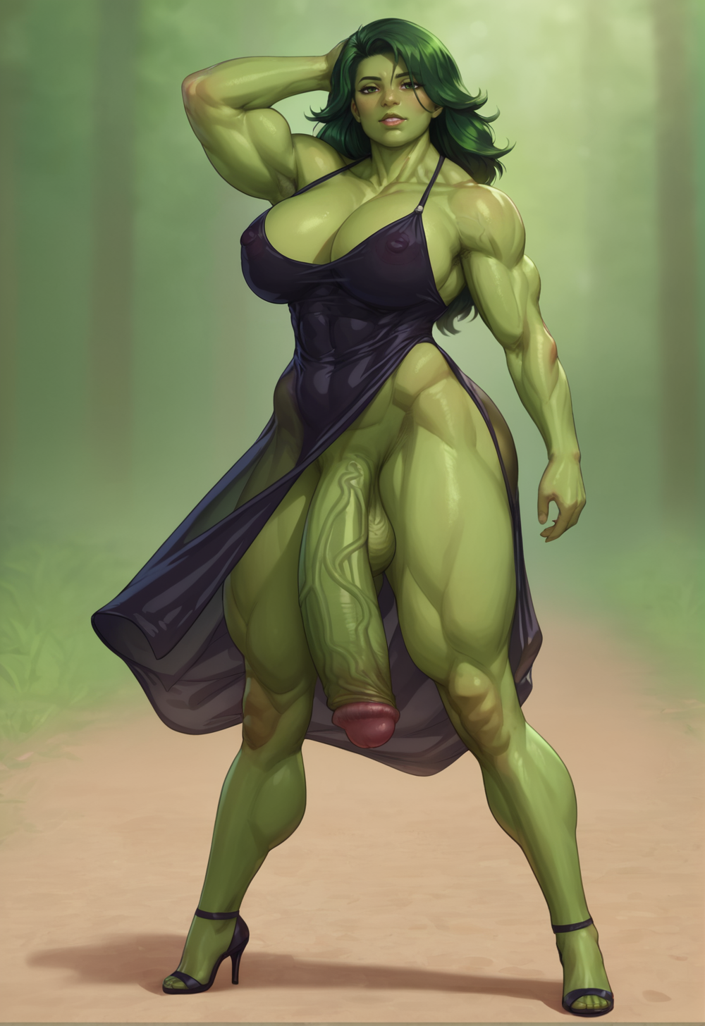 abs, ai generated, balls, breasts, cleavage, futa focus, futa only, futanari, green hair, green skin, hulk (series), intersex, marvel, marvel comics, muscular, penis, penis bigger than body, santarvengar, she-hulk, solo futa, stable diffusion, transparent clothing
