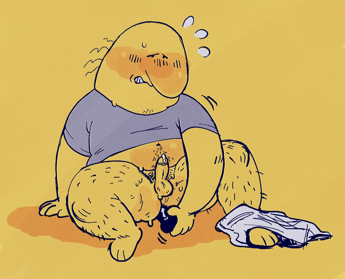1boy, 2d, ambiguous species, anal insertion, anal masturbation, anthro, balls, belly, blush, blushing profusely, bottomless, bottomless male, charlie (smiling friends), clenched teeth, clothing around one leg, clothing aside, cum, cum drip, digital media, dildo, dildo in ass, dildo sitting, erection, fat, fat male, full body, hairy, hairy legs, hairy male, happy trail, legs apart, male, male only, masturbation, non-human, non-human only, overweight, overweight male, penis, pubes, pubic hair, shirt lift, shirt only, shirt up, small penis, smiling friends, solo, spread legs, sweat, testicles, thick thighs, tummiesandsuch, underwear, underwear around one leg