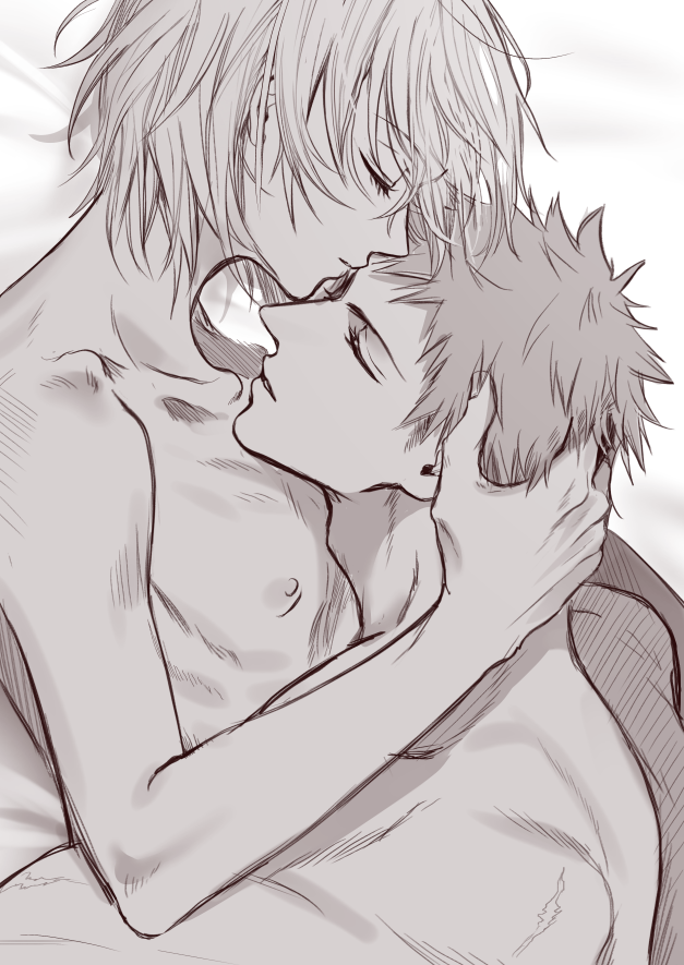 2boys after_sex bangs closed_eyes cute femboy forehead_kiss gay hair_grab hugging kudou_(my_hero_academia) long_eyelashes male/male male_only monochrome muscular_male my_hero_academia no_explicit no_sex nudity on_bed red_hair sheets short_hair_male sketch sleeping smaller_male spooning tank_top thin_male twink white_hair wholesome yaoi yoichi_shigaraki