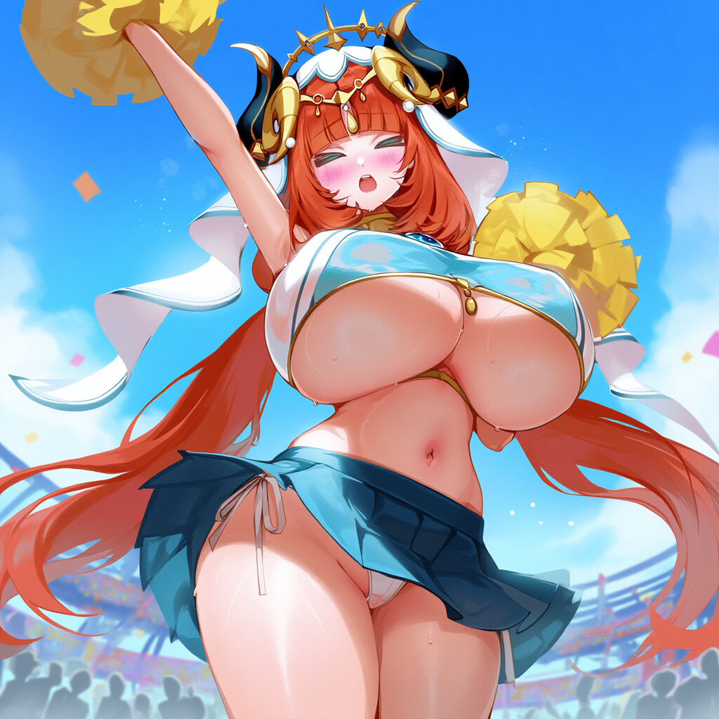 >_< ai_generated arm_behind_head arm_up armpits arms_behind_head arms_up, bare_legs bare_shoulders belly big_breasts blue_sky blush cheerleader closed_eyes cloudy_sky dynamic_pose from_below frown genshin_impact gigantic_breasts hair_ornament huge_breasts large_breasts long_hair miniskirt navel nilou_(genshin_impact) outdoors panties playground plump pom_pom_(cheerleading) pom_poms red_hair seductive seductive_eyes seductive_look side-tie_panties sports_bra stadium stadium_background sweat sweatdrop sweating sweaty thick_thighs thigh_strap underboob wet_clothes wet_panties wide_hips