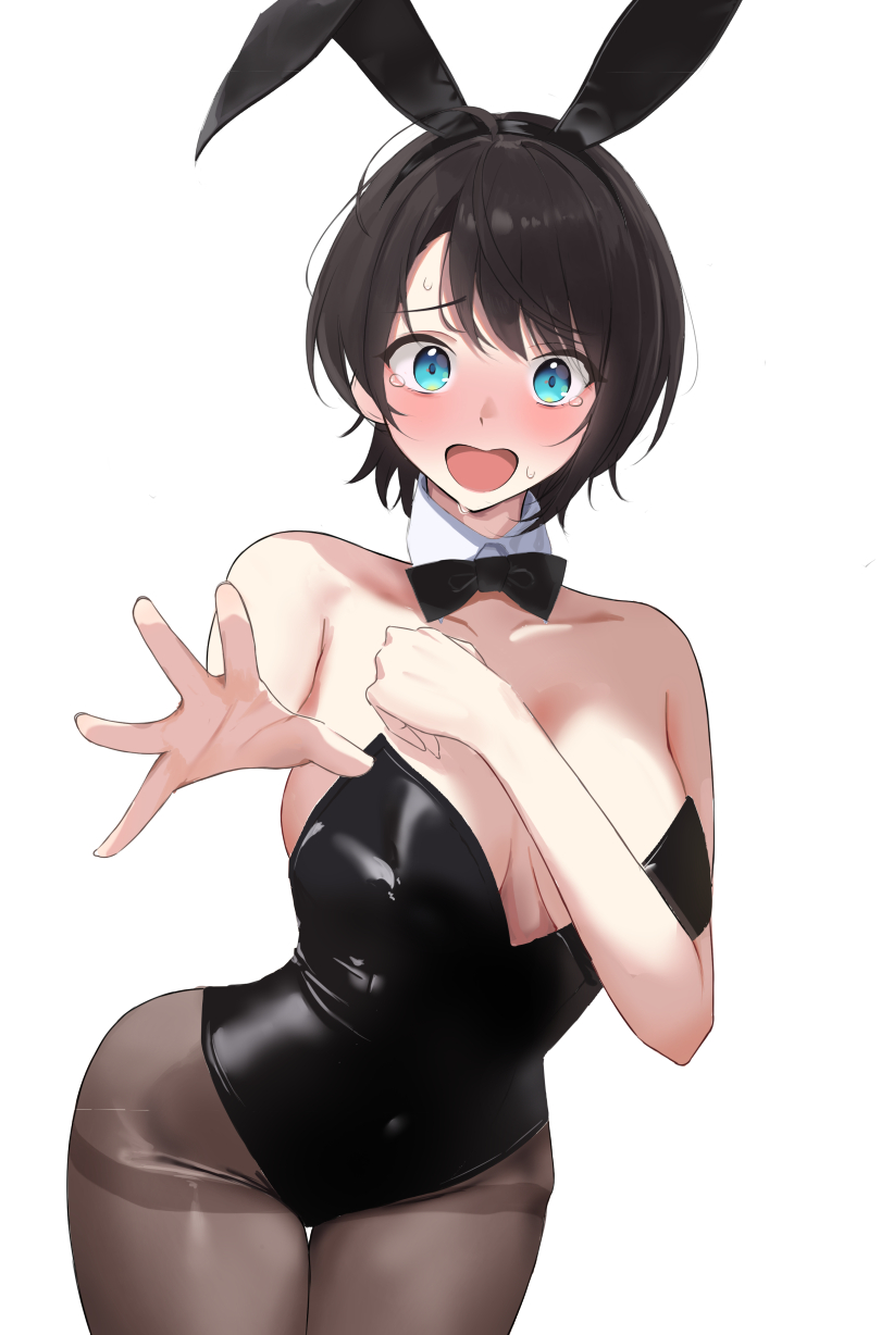 1girls, absurd res, absurdres, bare arms, bare shoulders, bare skin, belly, belly button, black bowtie, black bunny ears, black bunnygirl costume, black bunnysuit, black hair, black pantyhose, black-haired female, blue eyes, blue-eyed female, blush, bowtie, breasts, bunny ears, bunny girl, bunnysuit, cleavage, collar, collarbone, covering breasts, covering self, dot nose, elbows, female, female focus, female only, fingernails, fingers, groin, haro art, high resolution, highres, hololive, hololive gen 2, hololive japan, hourglass figure, legs, light skin, light-skinned female, medium breasts, navel, nervous, nervous face, nervous female, oozora subaru, open mouth, pantyhose, short hair, shoulders, shy, sideboob, simple background, slender body, slender waist, slim female, slim waist, solo, standing, sweat, sweatdrop, sweating, sweaty, sweaty body, tears, thick thighs, thighs, thin waist, tongue, upper body, v-line, virtual youtuber, white background, white collar, wide hips