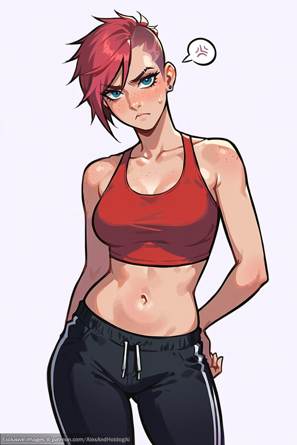 abdomen ai_generated alexandhotdogai anger biceps big_breasts bimbo bimbofication blue_eyes blush body_freckles cameltoe comic comic_page croptop face_freckles freckles frown hands_on_hips hypnosis large_breasts league_of_legends league_of_legends:_wild_rift leggings multiple_earrings muscular_female pale_skin pale_skinned_female pierced_earts piercing piercings pink_hair red_hair red_shirt sequence shaved_head short_hair spiky_hair sports_bra sports_uniform sportswear stable_diffusion striped_clothing sweat tight_pants tomboy transformation vi