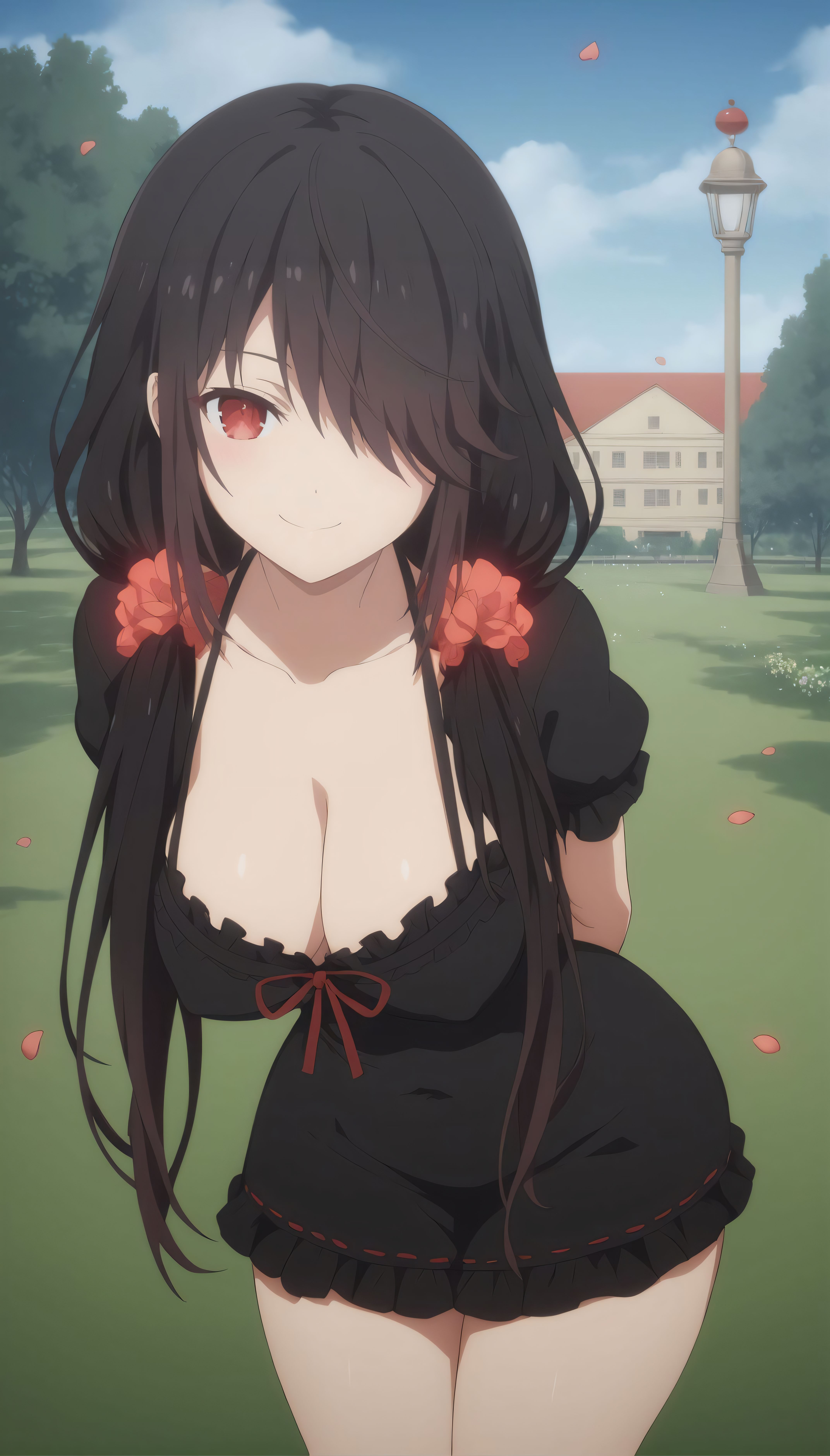 ai generated, bent over, black hair, breasts, cleavage, covered navel, covered nipples, date a live, dress, female, gumi arts, hair over one eye, hands behind back, hanging breasts, large breasts, looking at viewer, low twintails, outdoors, red eyes, smile, stable diffusion, thick thighs, tokisaki kurumi