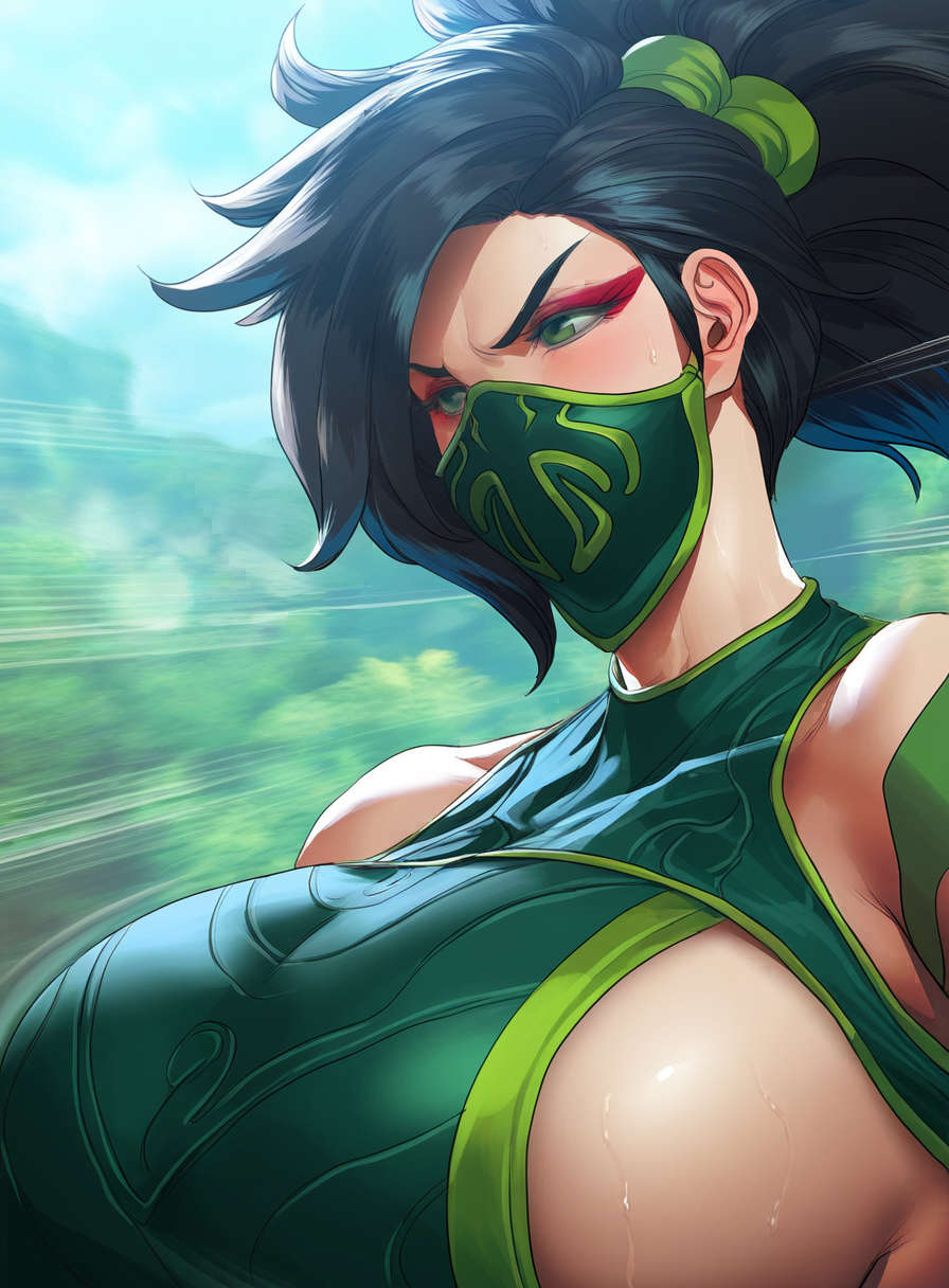 ai_generated akali akali_jhomen_tethi angry black_hair close_up facemask gigantic_breasts glare huge_breasts league_of_legends massive_breasts revealing_clothes sideboob tight_clothing