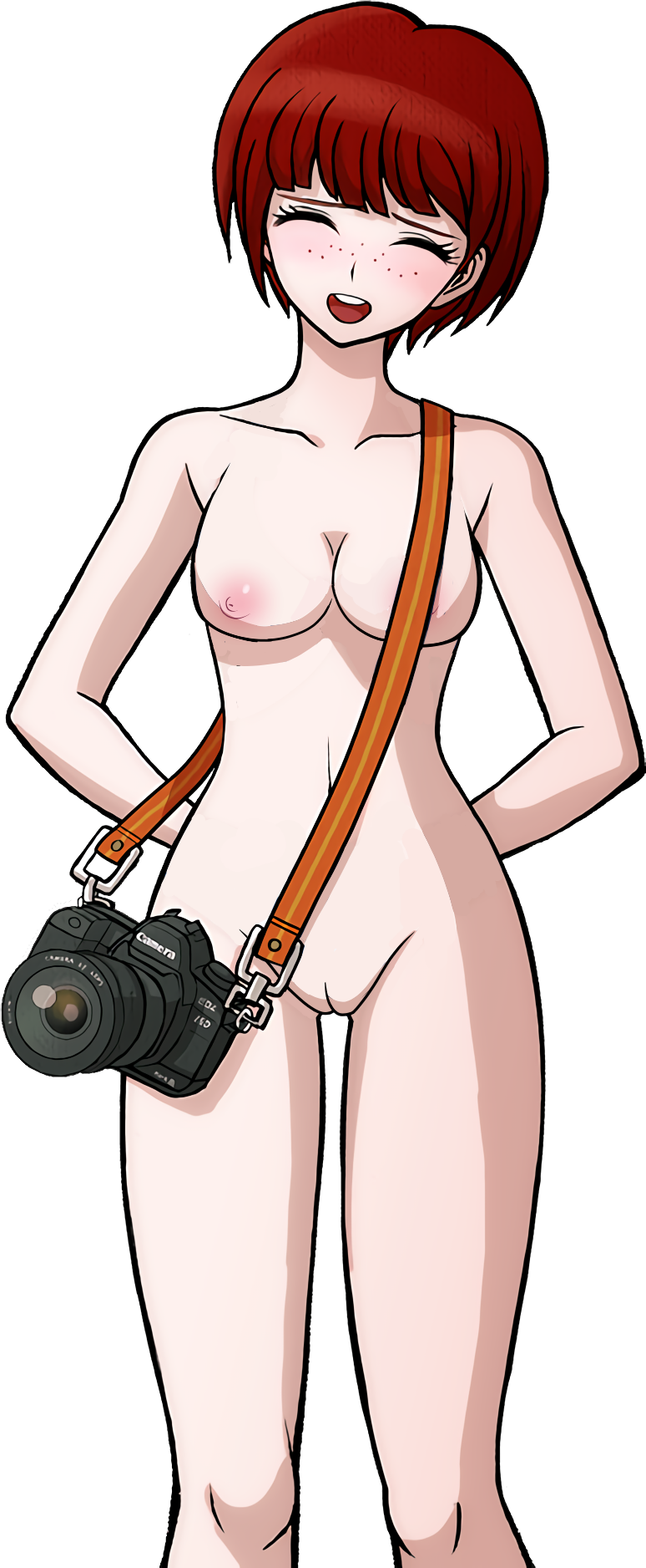 arms_behind_back blush breasts camera completely_nude completely_nude_female danganronpa danganronpa_2:_goodbye_despair danganronpa_s:_ultimate_summer_camp edit female freckles freckles_on_face human koizumi_mahiru kosine1777 medium_breasts nude_filter pussy red_hair sprite sprite_edit tagme transparent_background