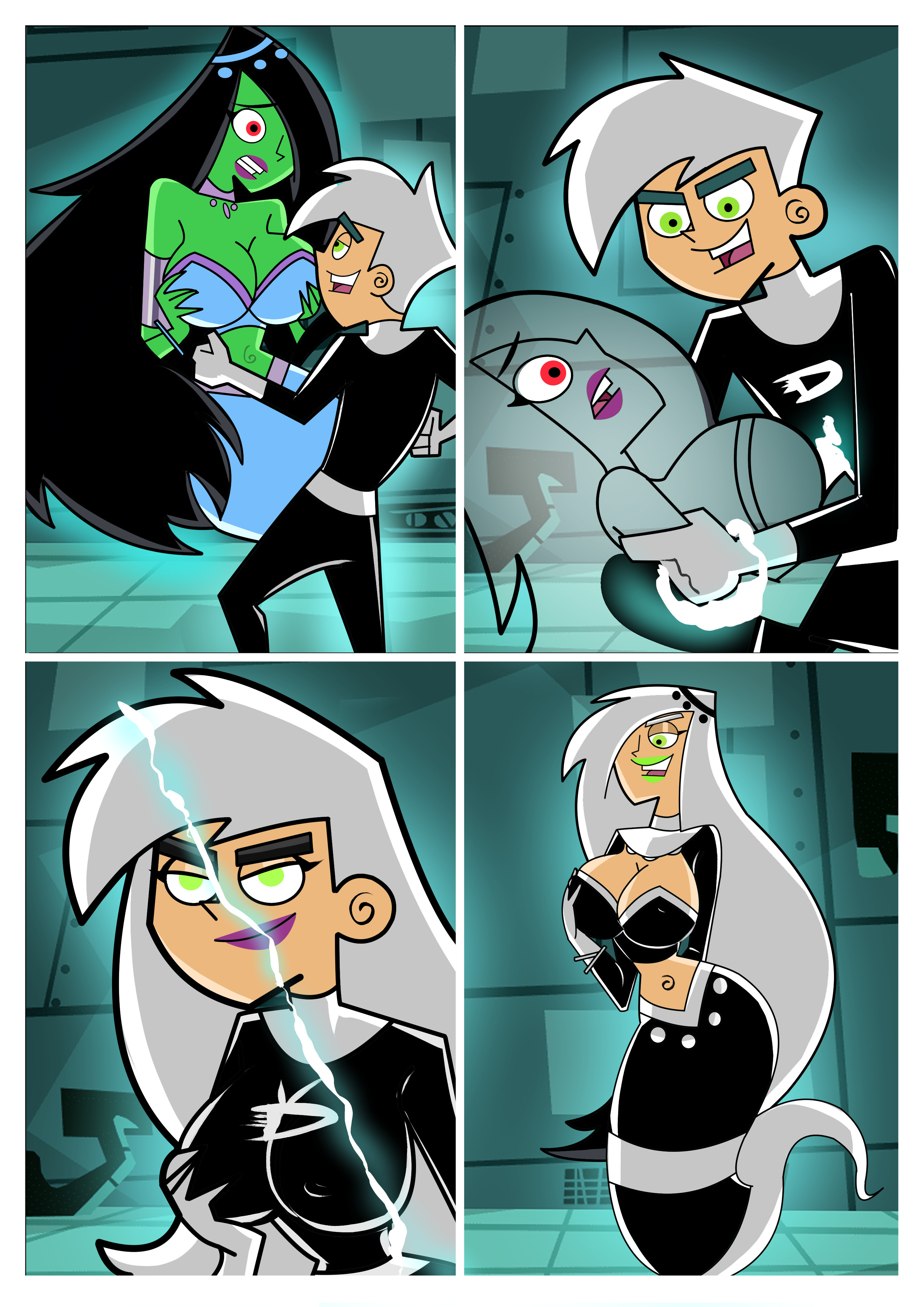 1boy, 1girls, ass expansion, black hair, brainwashing, breast expansion, breast growth, breast growth (enlargement), breasts, cleavage, clenched teeth, clothing, danny fenton, danny phantom, desiree, female, gender transformation, hair growth, jay-r0ck, lip expansion, long hair, male, mtf transformation, open mouth, possession, smile, takeover, thick thighs, thigh expansion, transformation, wide eyed, wide hips