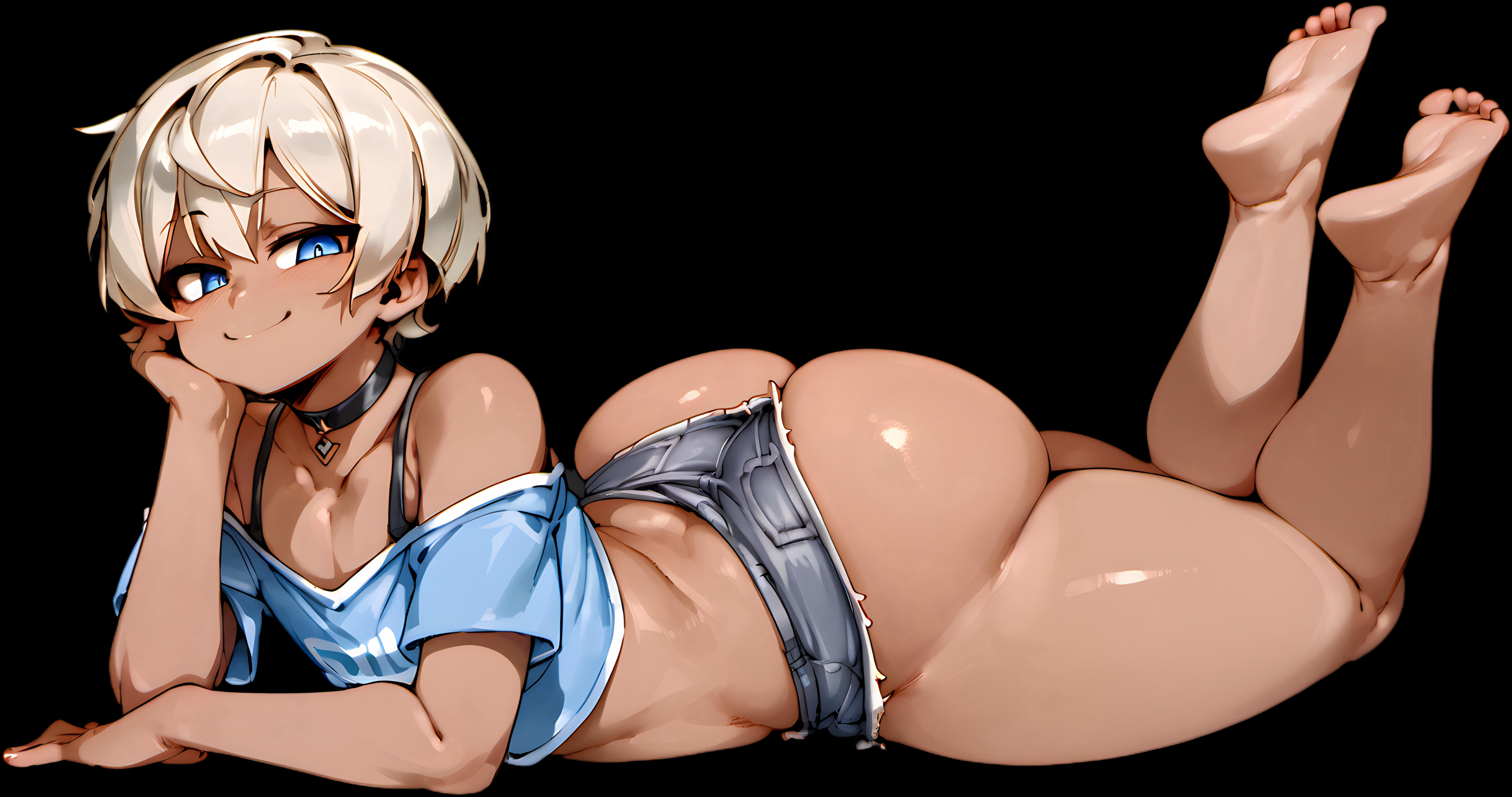 1boy, 1femboy, ai generated, ashton fem, ass, barefoot, big ass, black background, blue eyes, blush, crop top, cute male, feet, feet up, femboy, girly, half-closed eyes, huge ass, long eyelashes, lying on stomach, male, original, original character, pioploon, platinum blonde hair, round ass, short hair, short shorts, smiling at viewer, smug, soles, tan, tan body, tan skin, thick ass, thick thighs, toes, trap, wide hips