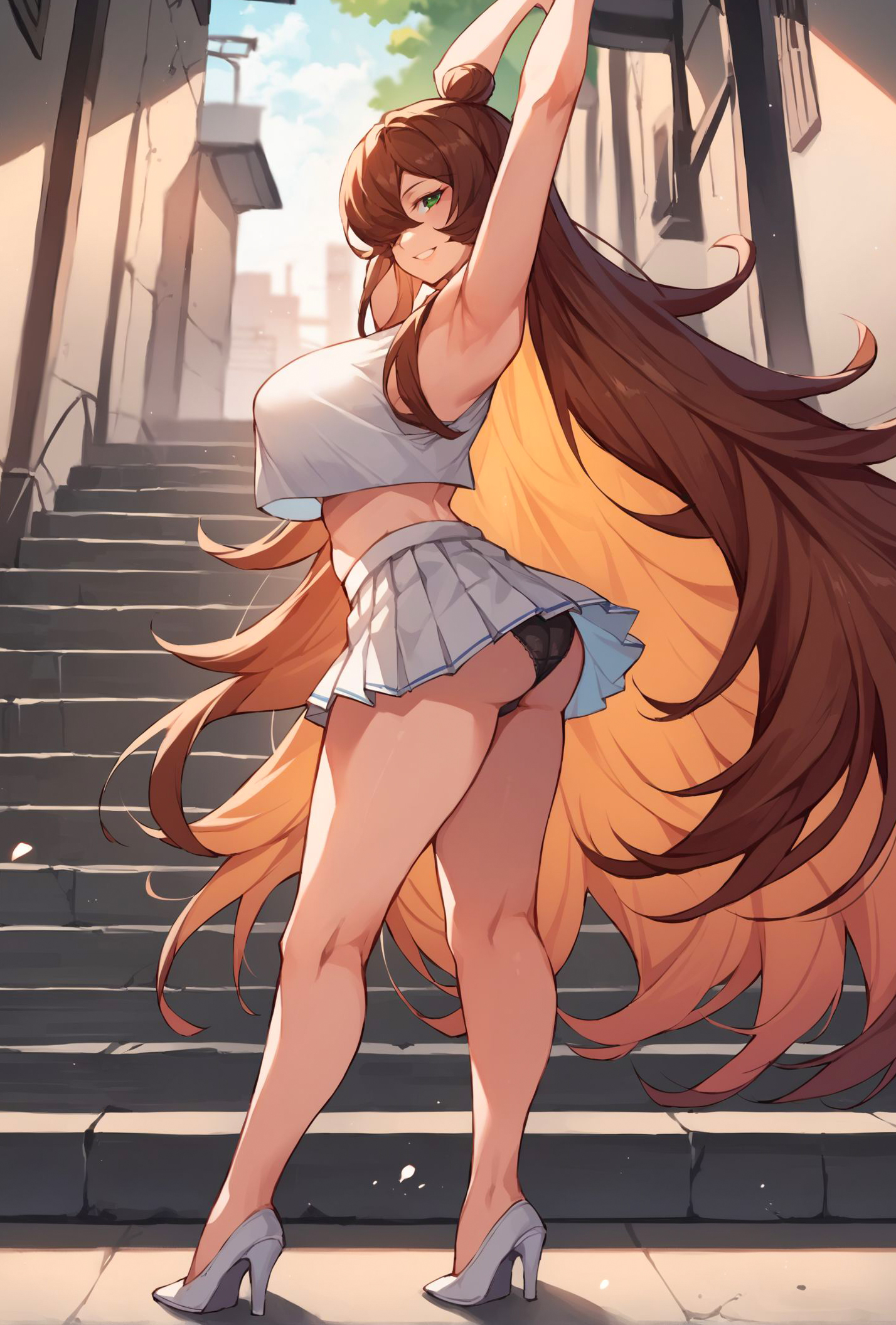 1girls, ai generated, alex-schura, alley, alternate costume, ass, ass focus, bare ass, bare shoulders, bare thighs, big breasts, blush, breasts, brown hair, bubble ass, bubble butt, cheerleader, crop top, curvaceous, curvy, curvy body, curvy female, curvy figure, female, full body, g-string, green eyes, hanging breasts, heels, high heels, hourglass figure, huge breasts, large breasts, long hair, looking at viewer, looking back, looking back at viewer, mature, mature female, mei terumi, midriff, milf, miniskirt, nai diffusion, naruto, naruto (series), naruto shippuden, no bra, oppai, orange hair, outdoors, panties, pinup, presenting, presenting ass, presenting hindquarters, revealing clothes, sagging breasts, shirt, skimpy, skimpy clothes, skirt, sleeveless, sleeveless shirt, solo, stable diffusion, stairs, thick ass, thick thighs, thighs, underass, underboob, very long hair, voluptuous