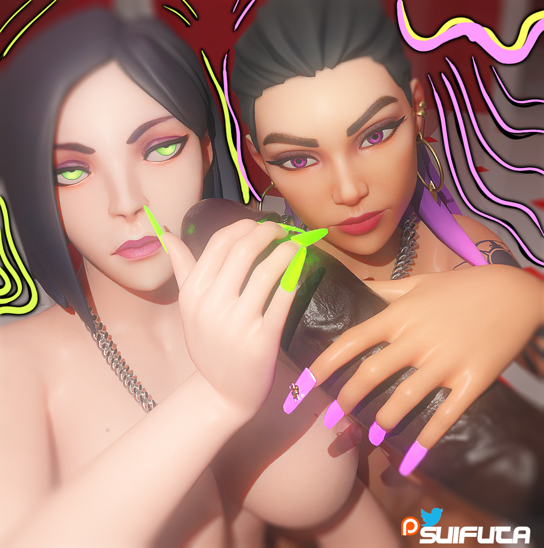1boy, 2girls, 3d, big breasts, big penis, breasts, dark skin, dark-skinned male, disembodied penis, double handjob, female, green eyes, green nails, interracial, jewelry, light skin, light-skinned female, long nails, male, pale skin, pale-skinned female, penis, pink nails, reyna (valorant), riot games, suifuta, valorant, violet eyes, viper (valorant)