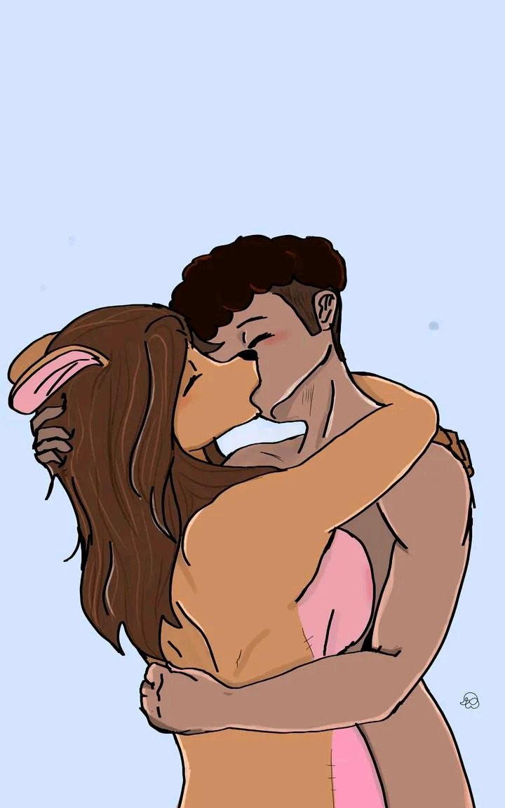 1boy 1girls anthro blush breasts brown_hair closed_eyes embrace eyes_closed female hair holding_partner hug hugging human human_on_anthro interspecies kanga kangaroo kissing naked passionate simple_background standing straight tagme winnie_the_pooh_(franchise)