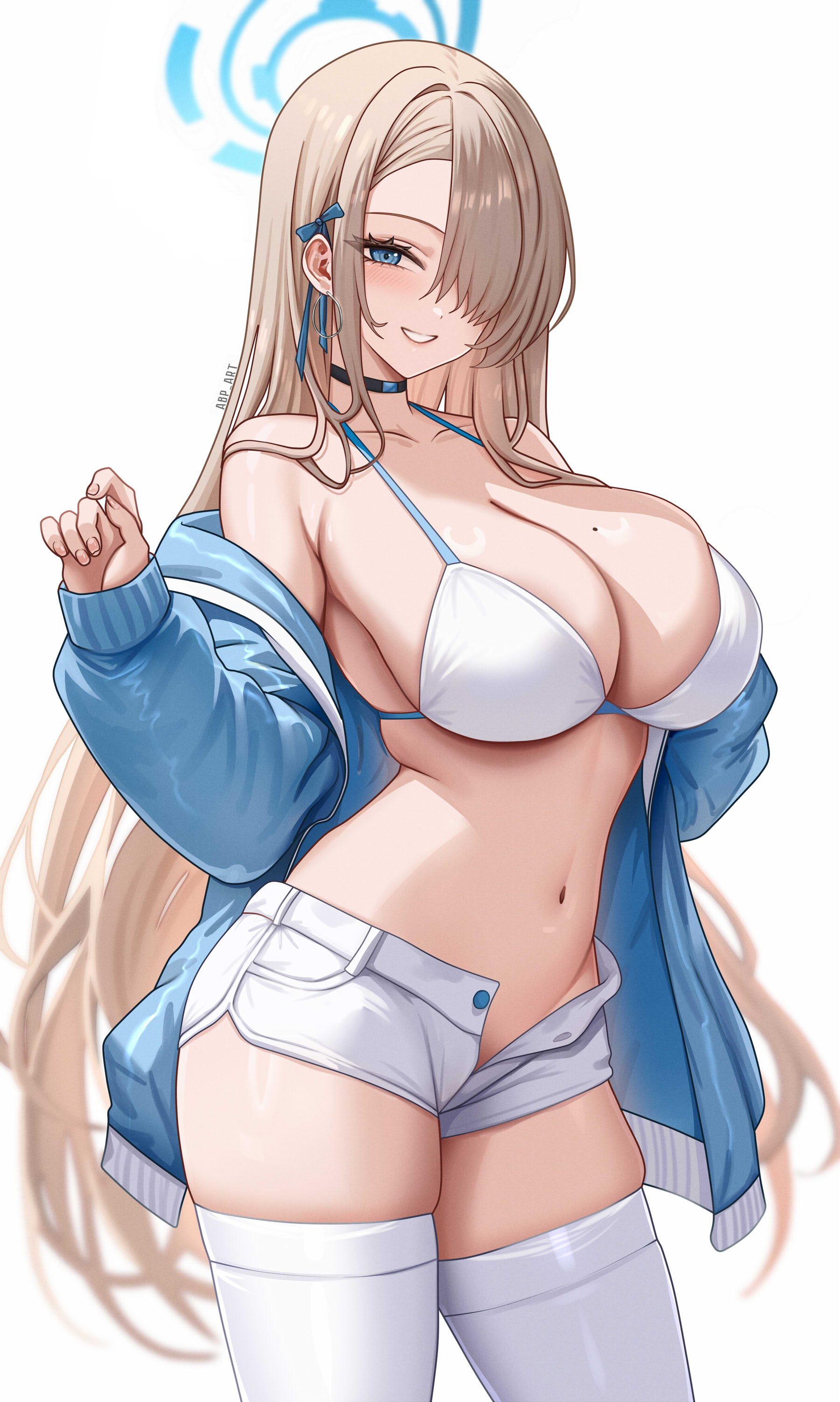 1girls, abp art, asuna (blue archive), bikini, bikini top, blonde hair, blue archive, blue eyes, booty shorts, breasts, female, hair over one eye, huge breasts, jean shorts, light skin, light-skinned female, long hair, naughty face, short shorts, short skirts, shorts, smile, wholesome