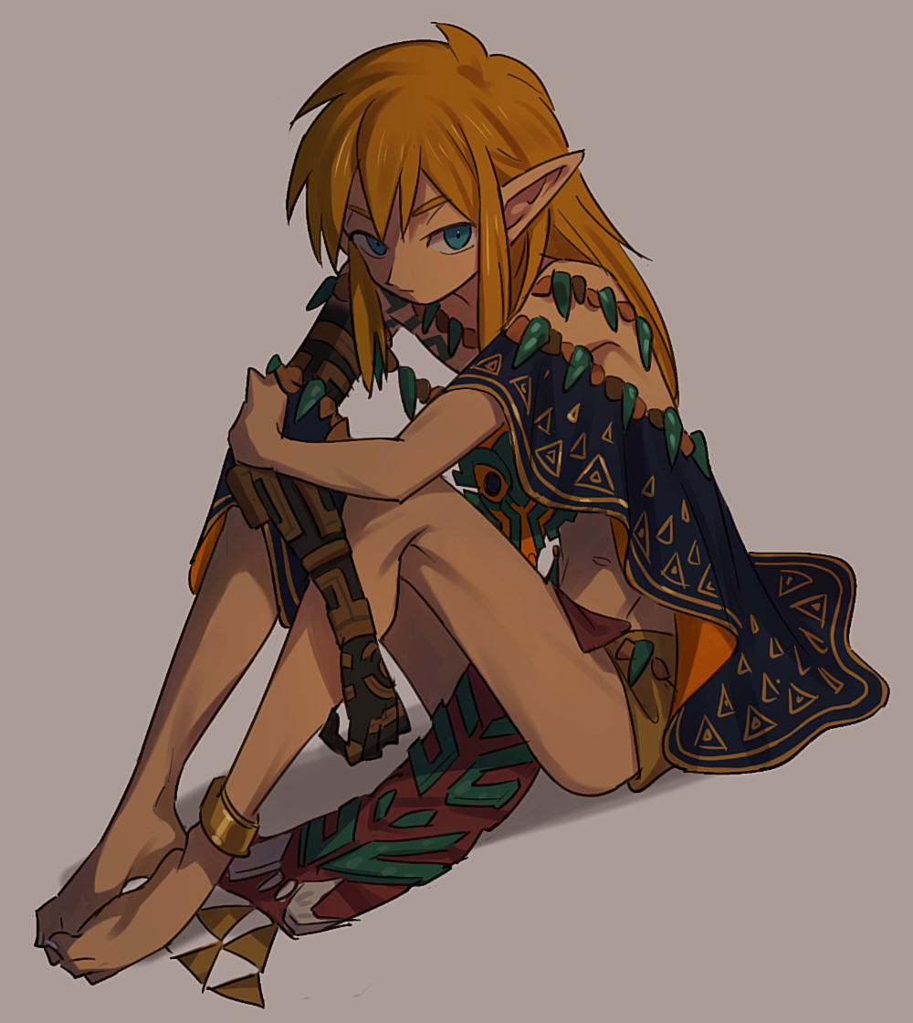 ankle_bracelet blank_background blonde blonde_hair blonde_hair_male blonde_male blue_eyed blue_eyes blue_eyes_male clenched_feet clothed fully_clothed fully_clothed_male gray_background grey_background hylian hylian_ears link male_only no_background sitting_down tagme the_legend_of_zelda