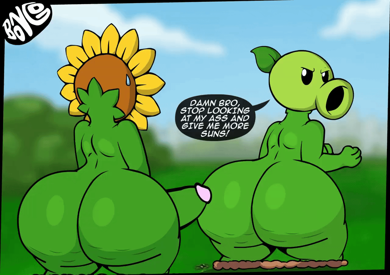 2boys, animated, anthro, anthro character, big ass, big butt, boner, bonguitoweon, electronic arts, erect penis, erection, femboy, flora fauna, gay, gay male, huge ass, huge butt, male, male only, peashooter (pvz), penis, plant, plant humanoid, plantie, plants vs zombies, popcap, popcap games, pvz, sunflower (pvz), tagme, text, video game, video game character