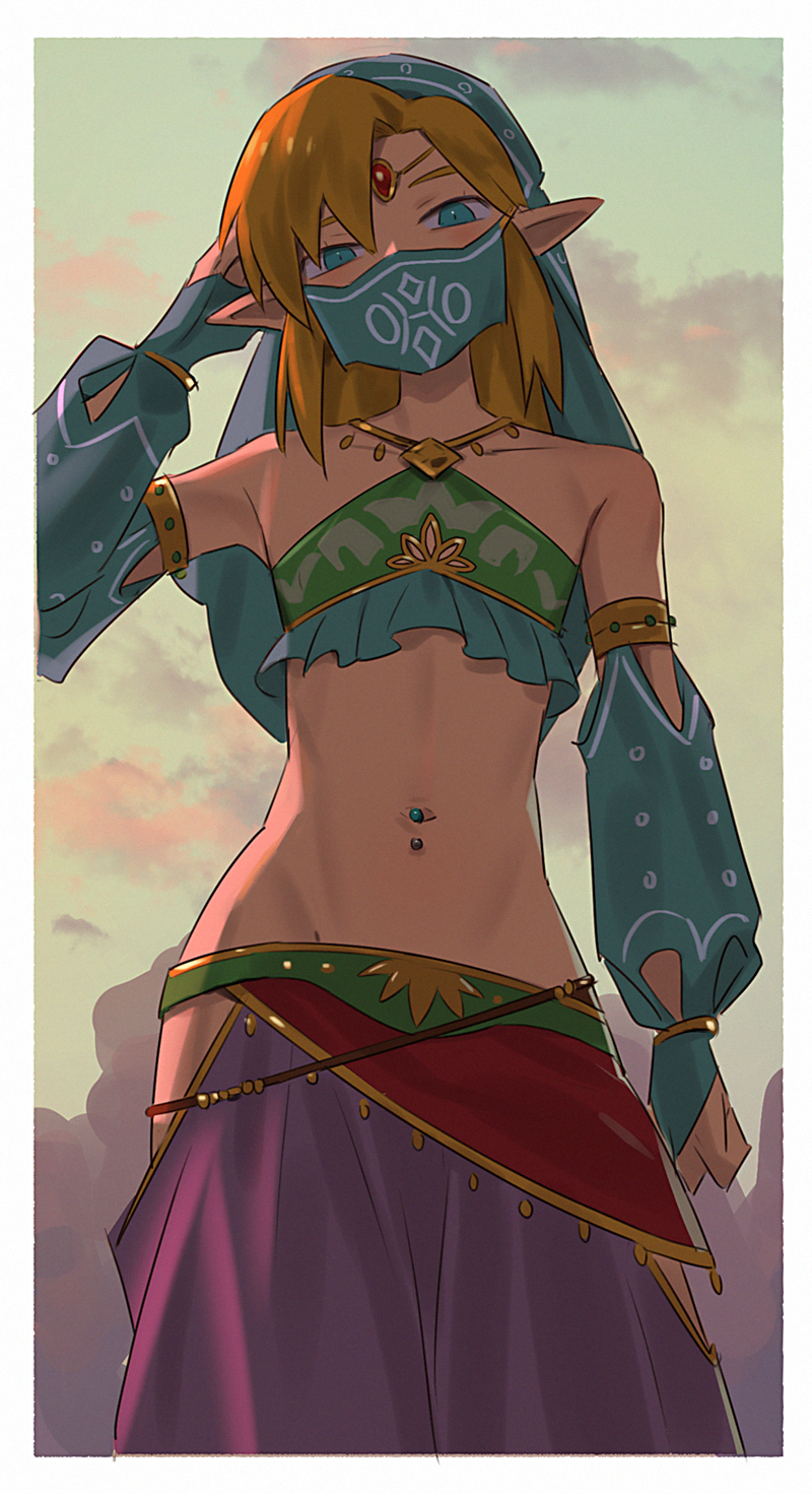 1boy blonde_hair breath_of_the_wild elf_ears facemask femboy feminine_body feminine_clothing feminine_male gerudo_link gerudo_outfit gerudo_top gerudo_veil hylian hylian_ears kokekokeimo link link_(breath_of_the_wild) long_hair long_hair_male looking_at_viewer male male_focus mask navel_piercing necklace nintendo no_watermark pointy_ears the_legend_of_zelda