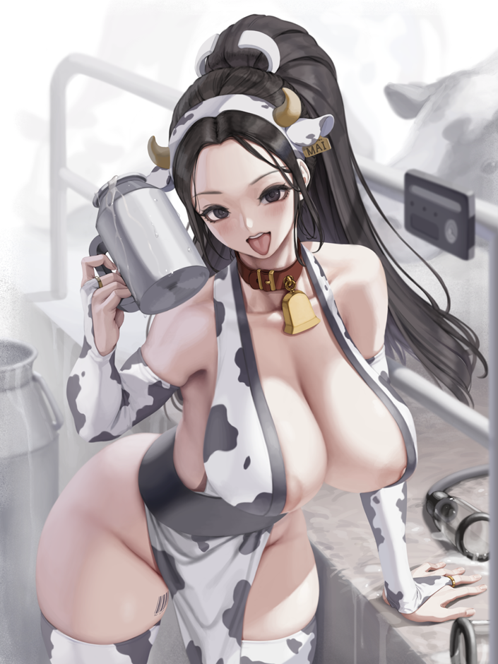 1girls animal_print bell cup fatal_fury hucow king_of_fighters letdie1414 mai_shiranui milk milk_bottle milking_machine ponytail smile snk tongue tongue_out