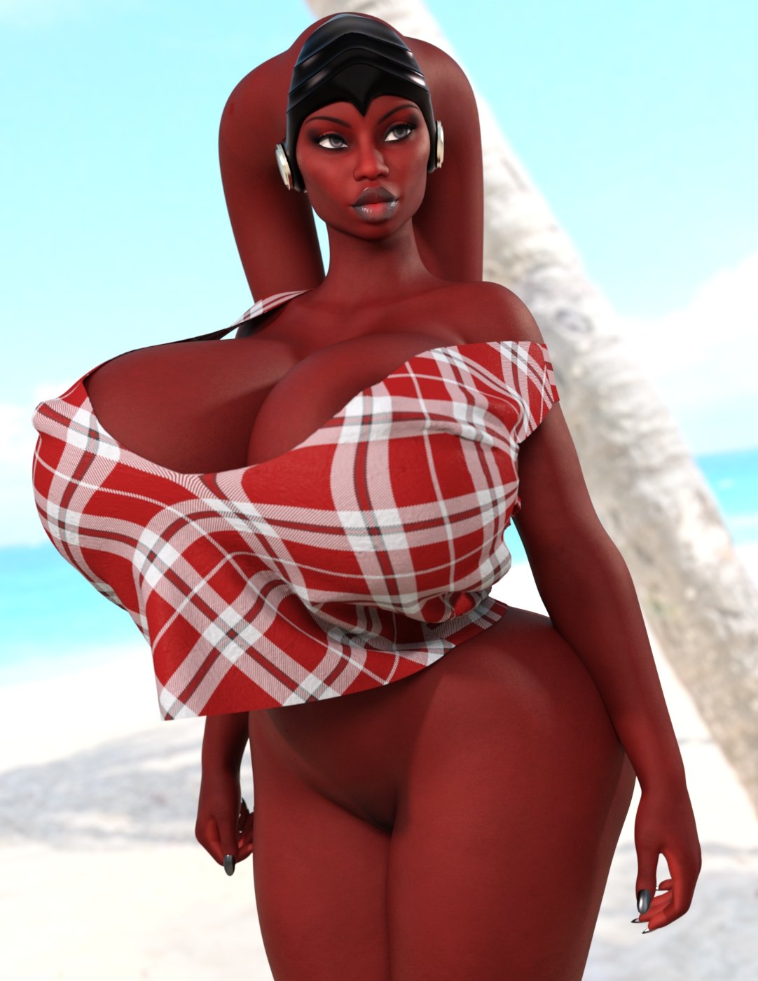1girls, 3d, alien, alien girl, areola slip, bald, bare shoulders, big breasts, bimbo, bottomless, breasts, busty, cleavage, curvy, detailed background, erect nipple, erect nipples, evolluisionist, eyelashes, female, female only, front view, half dressed, half-dressed, headgear, hourglass figure, humanoid, lekku, mammal, nail polish, nipple bulge, nipples, no panties, original character, outdoors, outside, pose, posing, purple eyes, pussy, red skin, shaved pussy, shiny, shiny skin, shirt, solo, standing, star wars, thick lips, twi'lek, voluptuous, wide hips