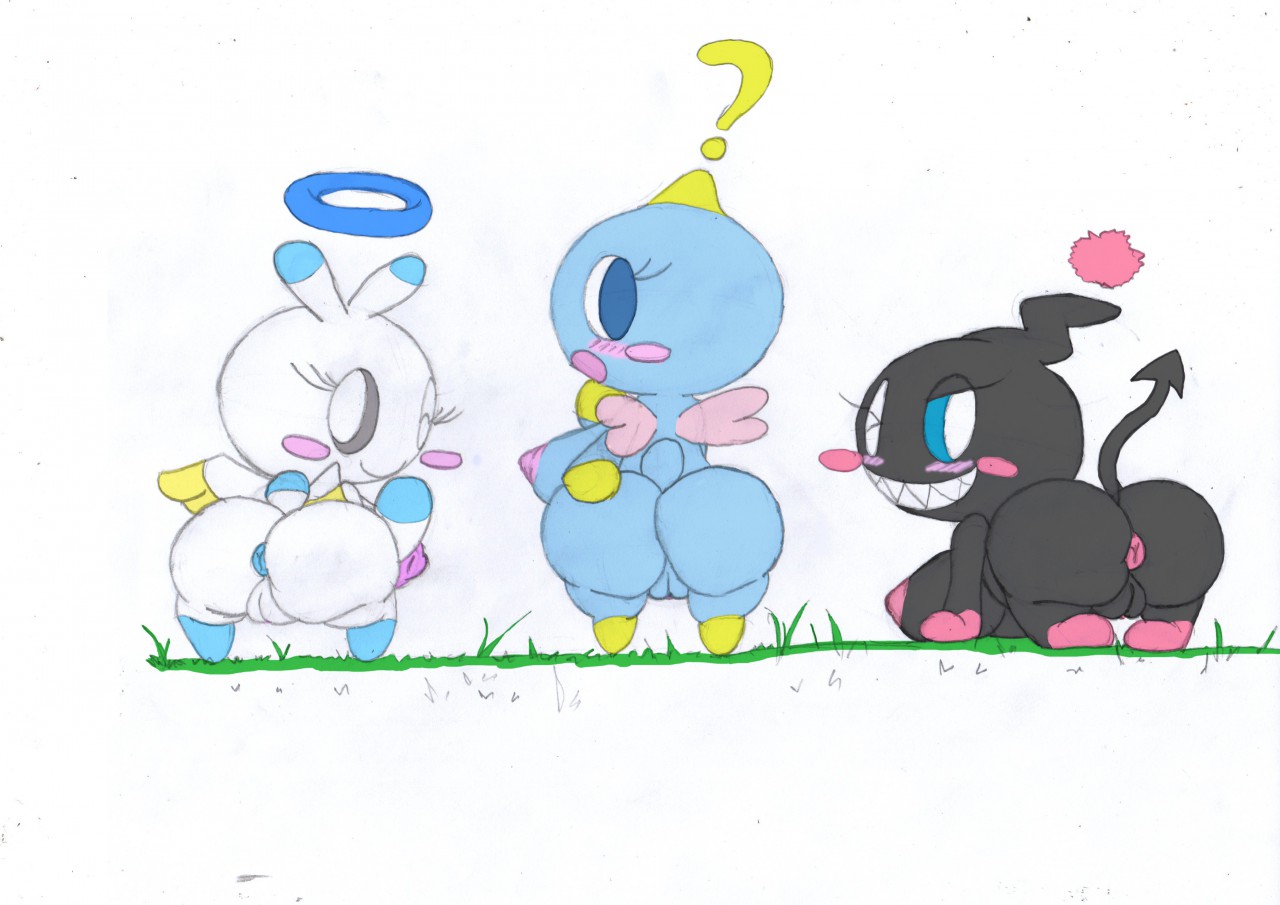 2018, 3girls, ass, blush, blush lines, blush stickers, bottom heavy, breasts, chao (sonic), dark chao, female, female only, furry, hero chao, milf chao, no humans, non-human, non-human only, one eye closed, plump, plump ass, shortstack, sonic (series), sonic adventure 2, tagme, winking at viewer