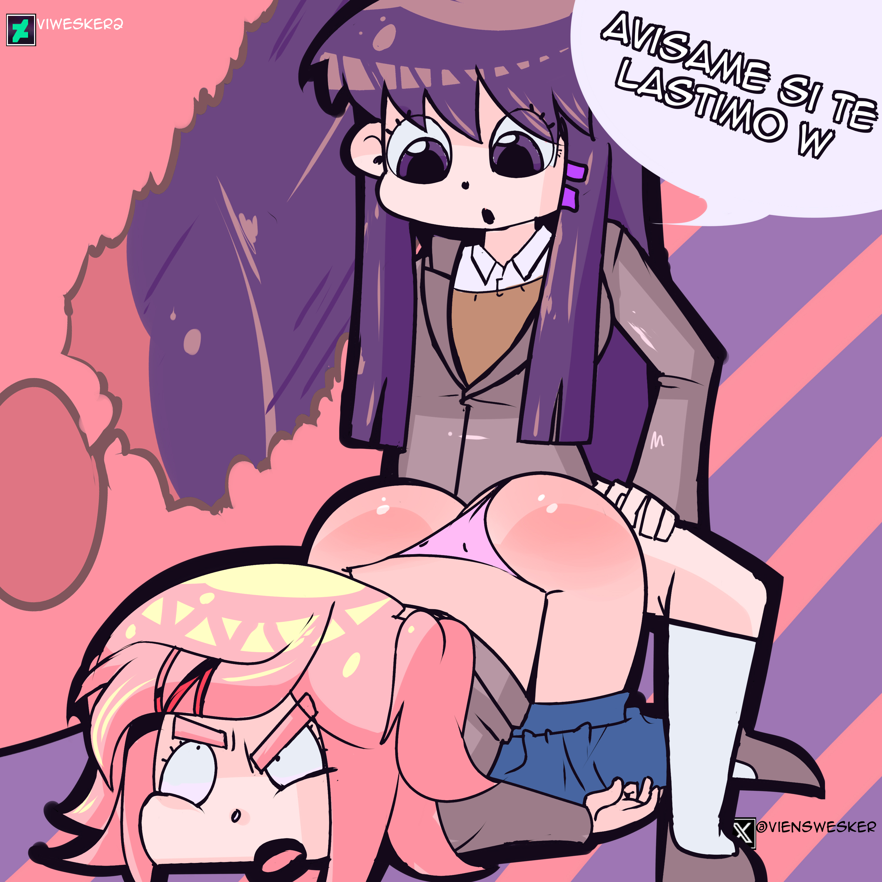 :o, 1futa, 1girls, all fours, breasts, clothed, clothing, dialogue, doki doki literature club, duo, female, fucked silly, futa on female, futanari, human, intersex, light skin, light-skinned female, light-skinned futa, mostly clothed, natsuki (doki doki literature club), panties aside, pink hair, purple eyes, purple hair, school uniform, sex, spanish dialogue, spanish text, squatting, text, thighs, translated, vi wesker, white skin, x-ray, yuri (doki doki literature club)