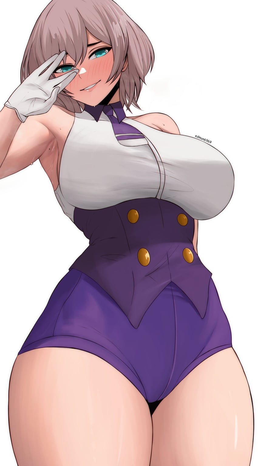 1girls armpits blue_eyes edmun fully_clothed gloves mujina pink_hair solo_female ssss.dynazenon sweaty thick_thighs tie