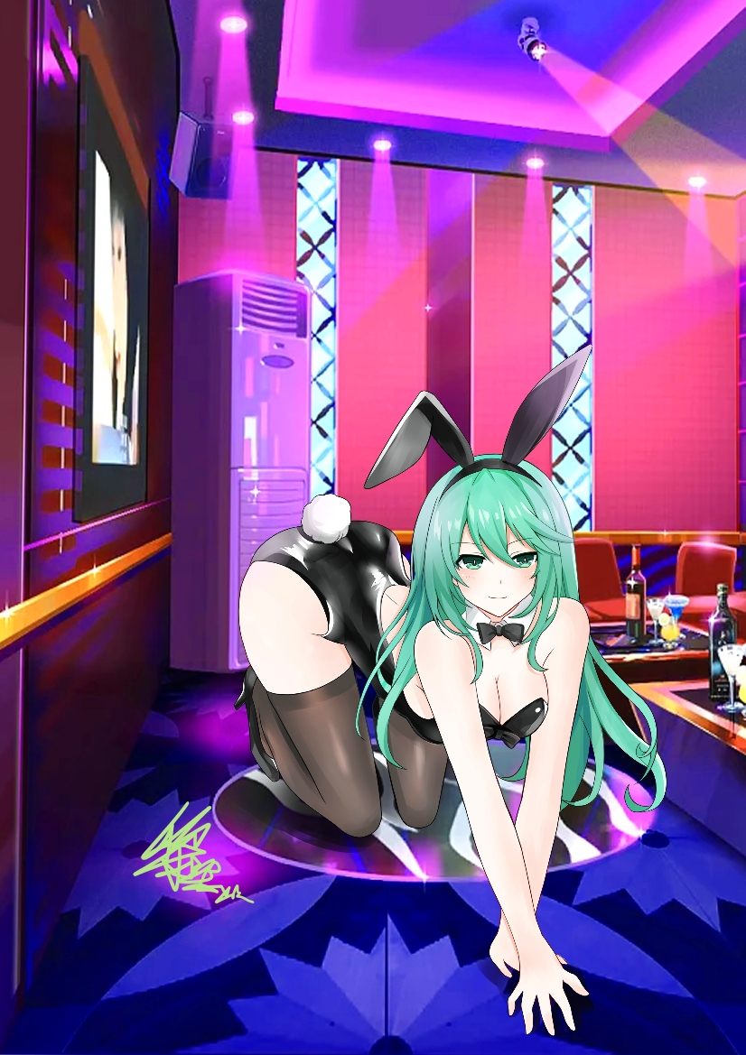 1girls ass breasts bunnysuit clothed date_a_live female_only green_eyes green_hair kyouno_natsumi kyouno_natsumi_(adult) light-skinned_female long_hair looking_at_viewer socks solo solo_female