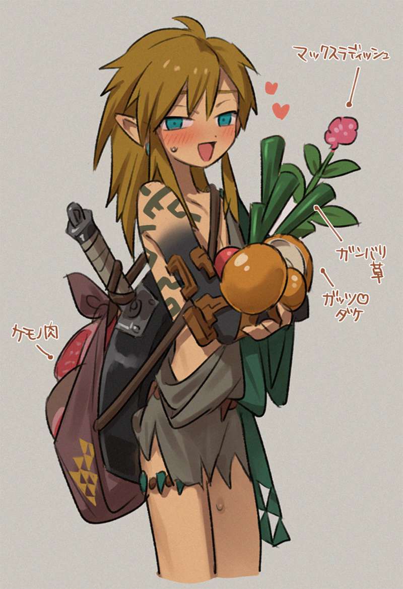 blonde_hair blush blushing elf_ears grey_background hylian hylian_ears japanese_text kokekokeimo link link_(tears_of_the_kingdom) long_hair male_focus male_only mushroom plant pointy_ears sweat sweatdrop sweating tagme tears_of_the_kingdom the_legend_of_zelda