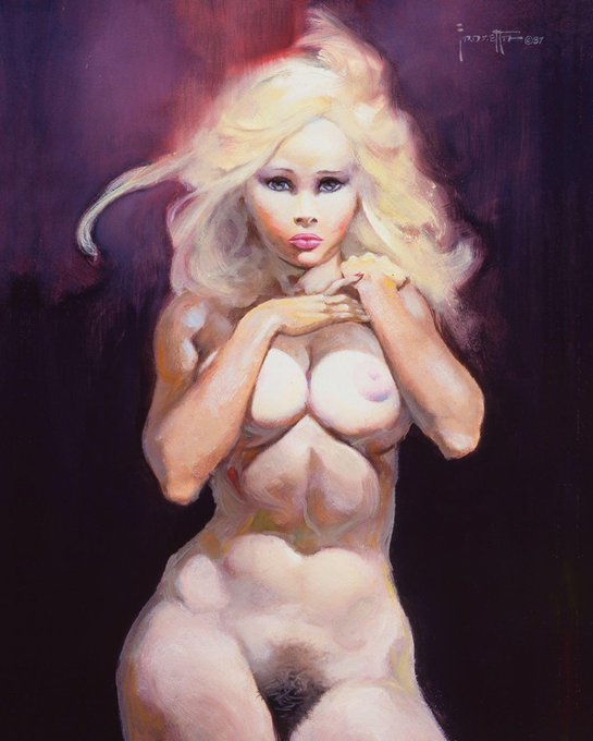 blonde_female frank_frazetta light-skinned_female painting_(artwork) pubic_hair shy